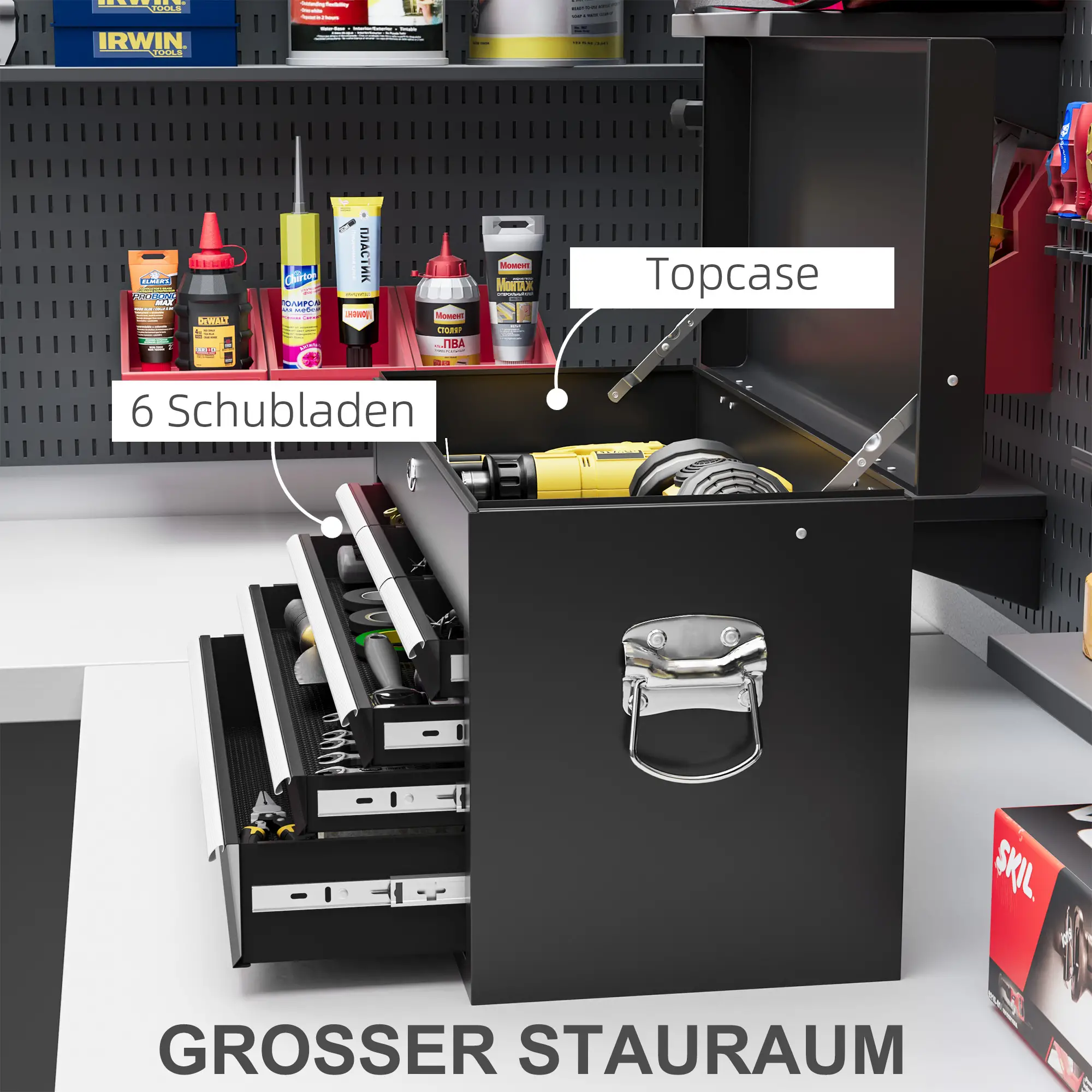 HOMCOM Werkzeugkasten 6 Schubladen abschließbar kugelgelagert