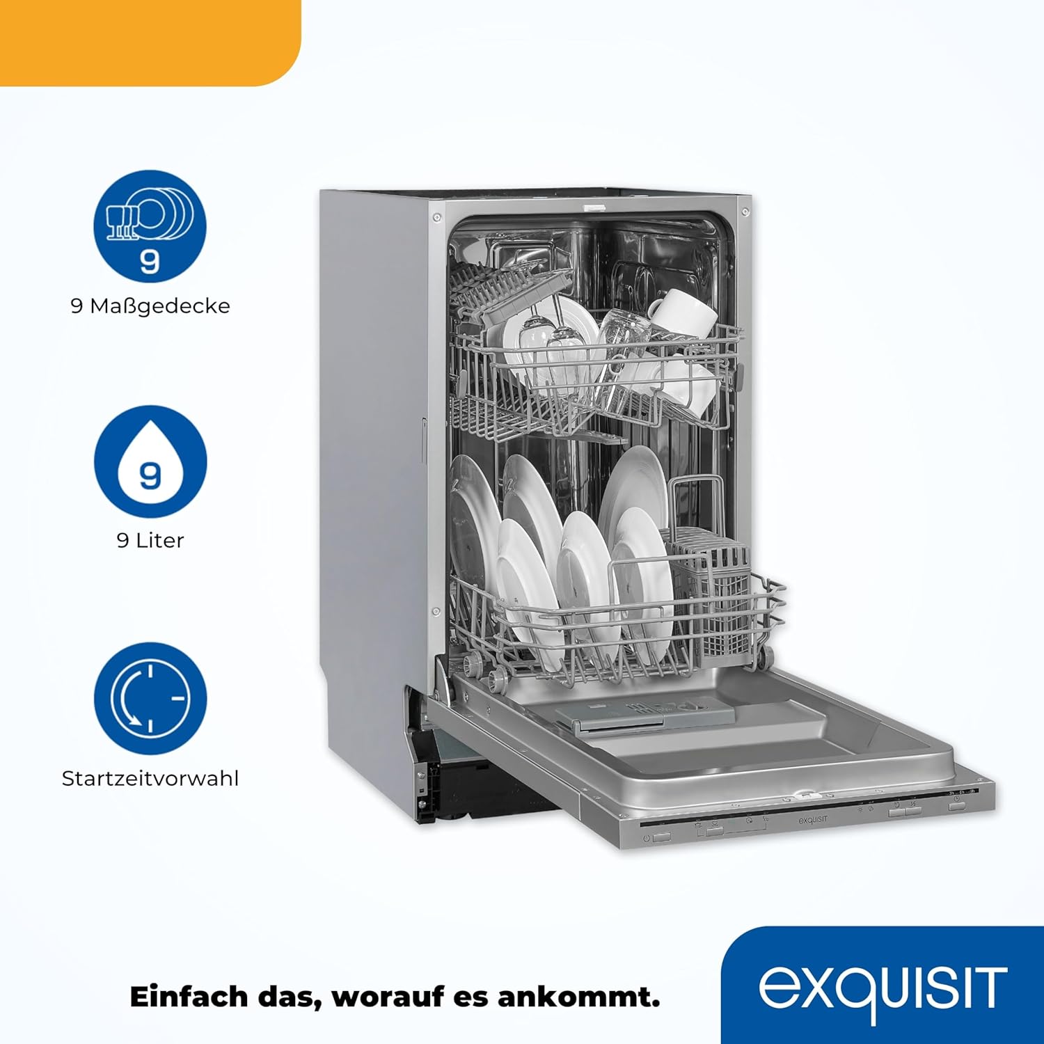 Exquisit Geschirrspüler, Spülmaschine, 45 cm Breite, Teilintegriert, 9 Maßgedecke, 9 Liter, Startzeitvorwahl, ECO-Modus, Geschirrspüler 45 cm, EGSP51009-EB-030E inox