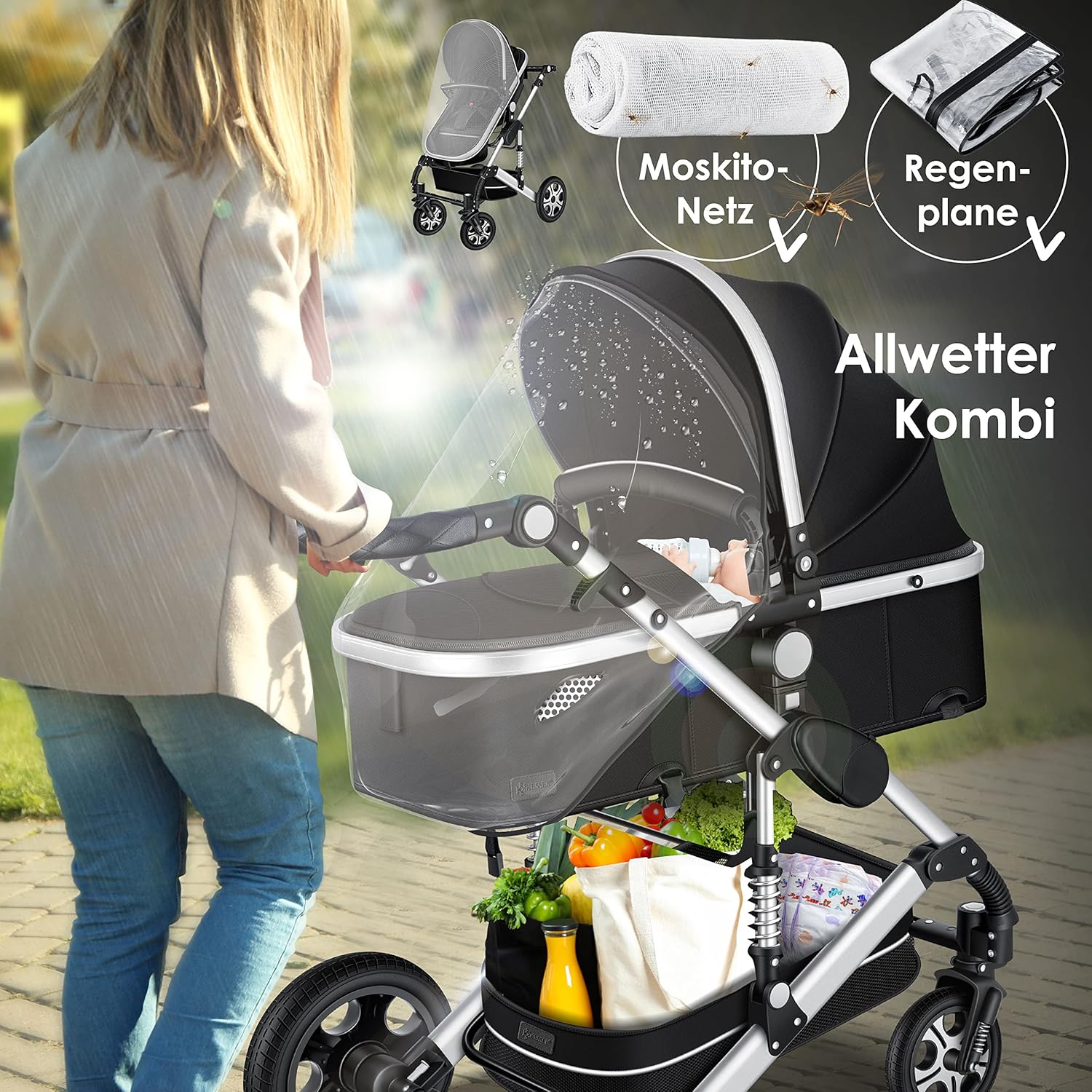 KESSER Loops 3 in 1 Kinderwagen Kombikinderwagen Komplett-Set inkl. Babywanne & Buggy Sportsitz & Auto-Babyschale Voll-Gummireifen Wickeltasche Regenschutz Kindertisch ECE R129, Schwarz/Champagne