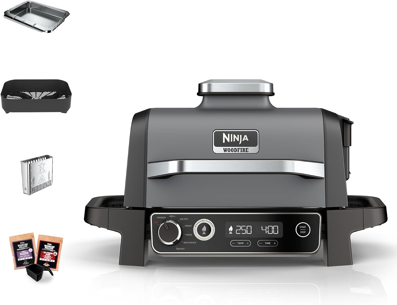 Ninja Woodfire Electric BBQ Grill & Smoker & Air Fryer, 7-in-1 Outdoor BBQ Grill, Air Fry, Smoke, Roast, Bake and more, Weather Resistant, Non-Stick, Portable, Electric, Grey/Black OG701EU