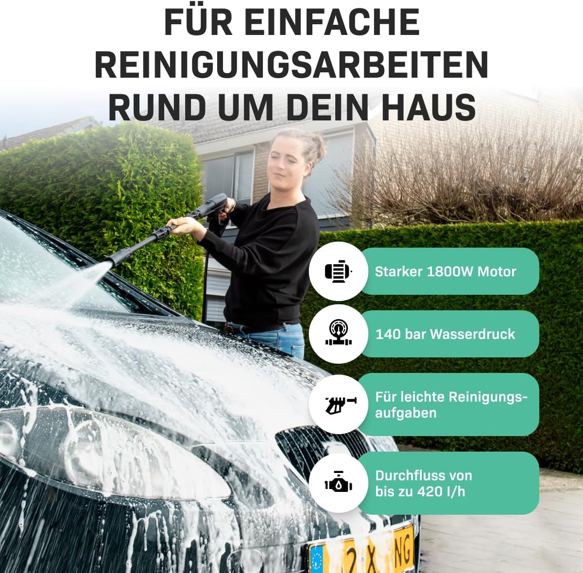 VONROC Profi Hochdruckreiniger 195bar - Fassadenreiniger für schwere Reinigungsarbeiten [2500W] - Hoher Durchfluss [468 l/h] Reinigungstank, Aluminium Pumpe - inkl. Terassenreiniger