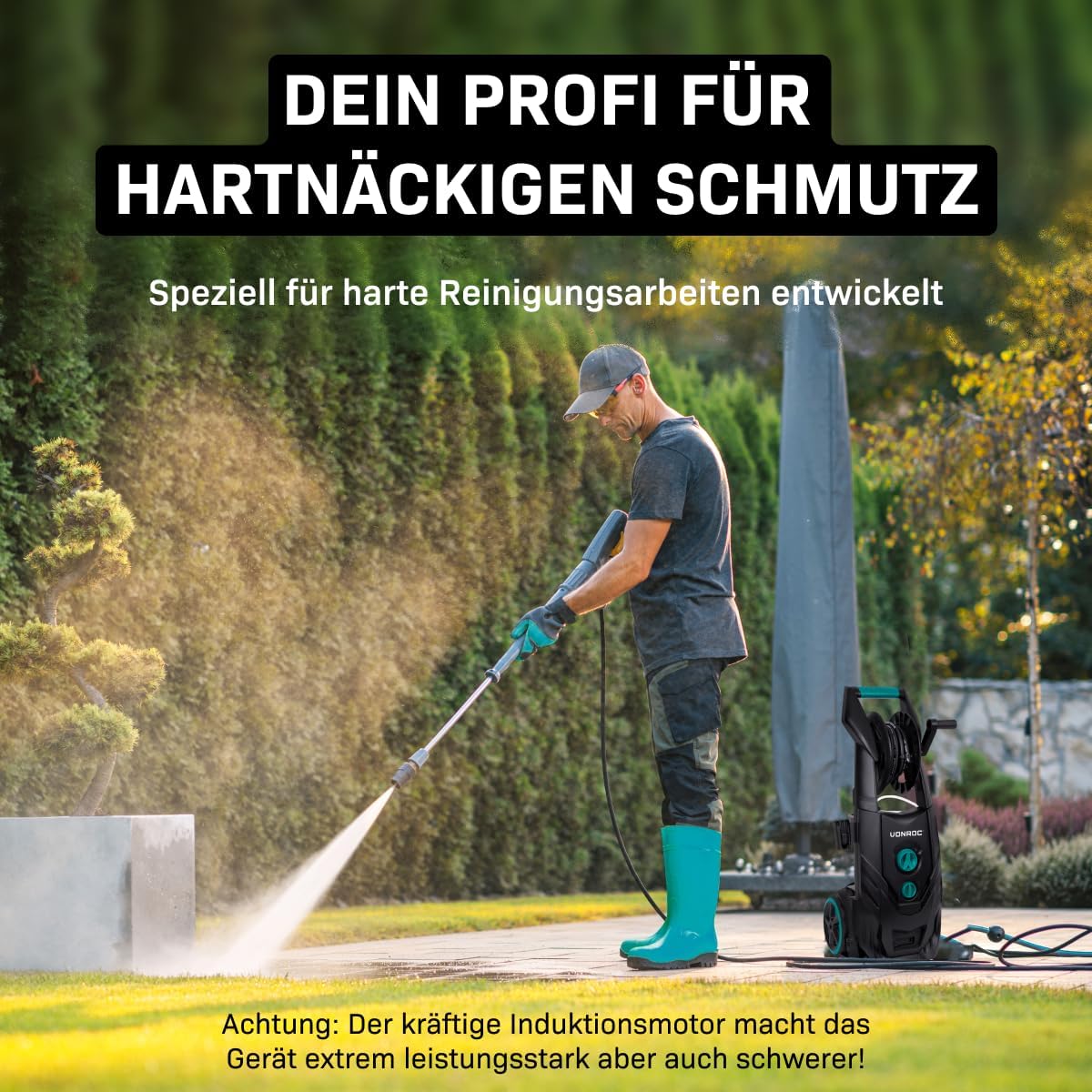 VONROC Profi Hochdruckreiniger 195bar - Fassadenreiniger für schwere Reinigungsarbeiten [2500W] - Hoher Durchfluss [468 l/h] Reinigungstank, Aluminium Pumpe - inkl. Terassenreiniger
