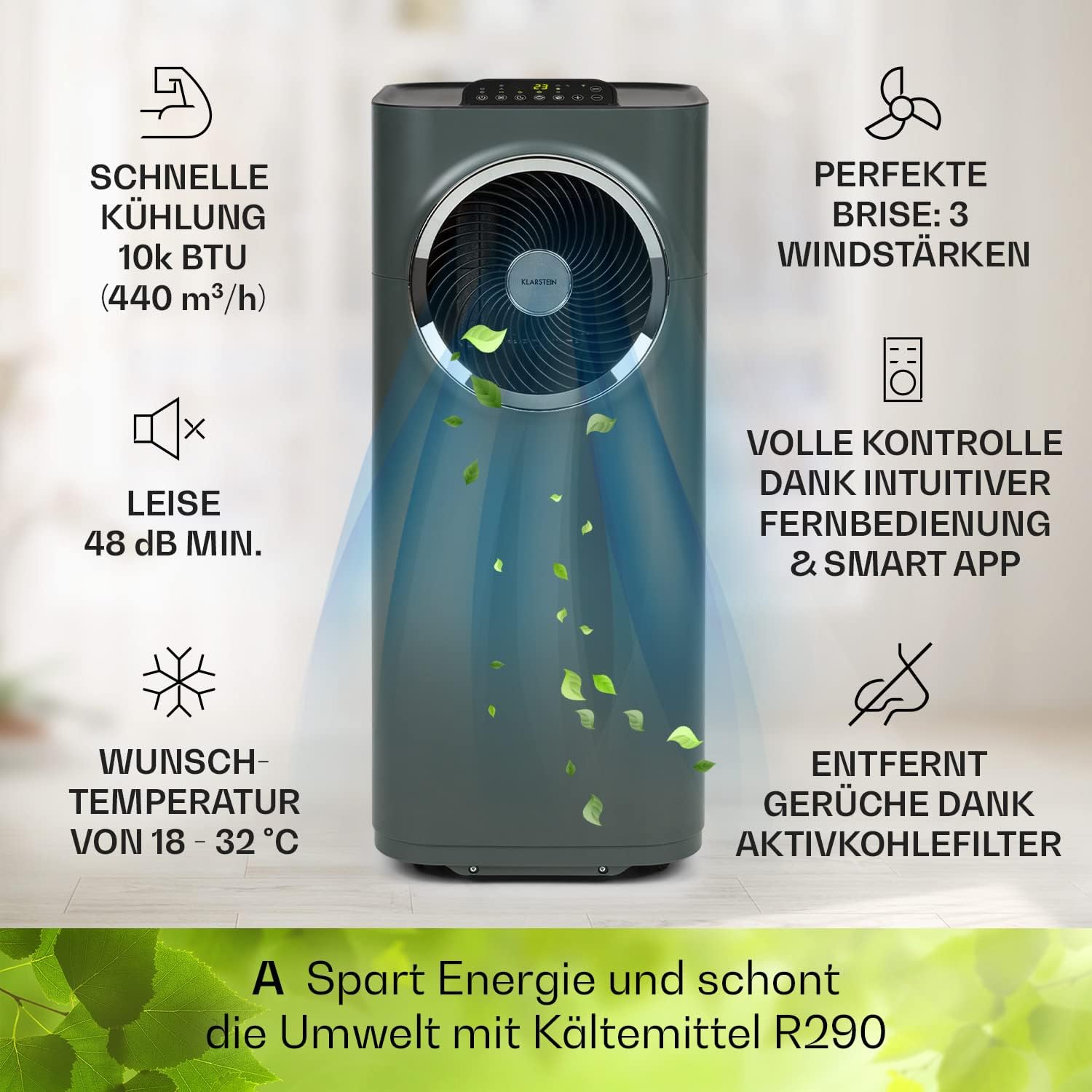 Klarstein Mobile Klimaanlage mit Abluftschlauch, 5-in-1 Klimagerät, Ventilator, Luftentfeuchter, Luftreiniger & Nachtmodus, App-Steuerung, Kleine & Portable, für Wohnung & Büro, 12000 BTU
