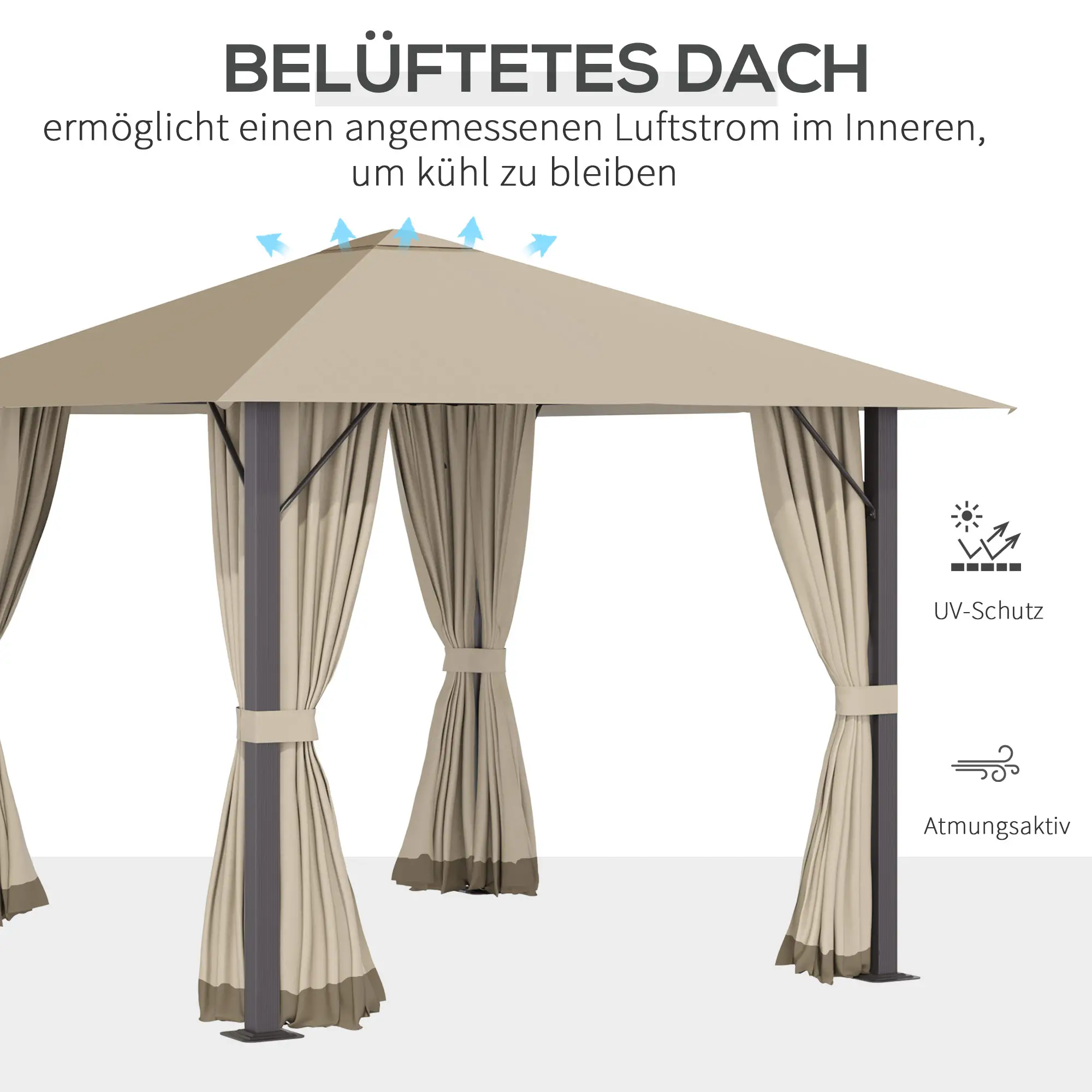 Outsunny Pavillon 3x3 m mit Seitenteilen & Belüftung Khaki