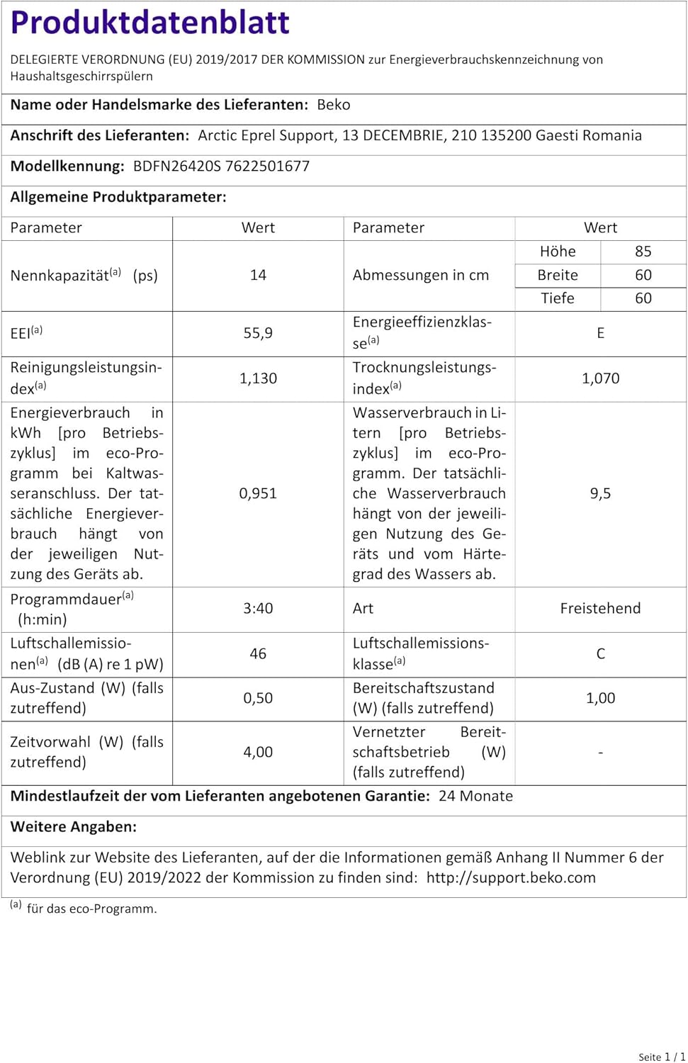 Beko BDFN26420W b300 freistehender Geschirrspüler, unterbaufhig, Platz für 14 Magedecke, Pro Inverter Motor, TrayWash, HygieneIntense, 6 Programme, WaterSafe+, Wei