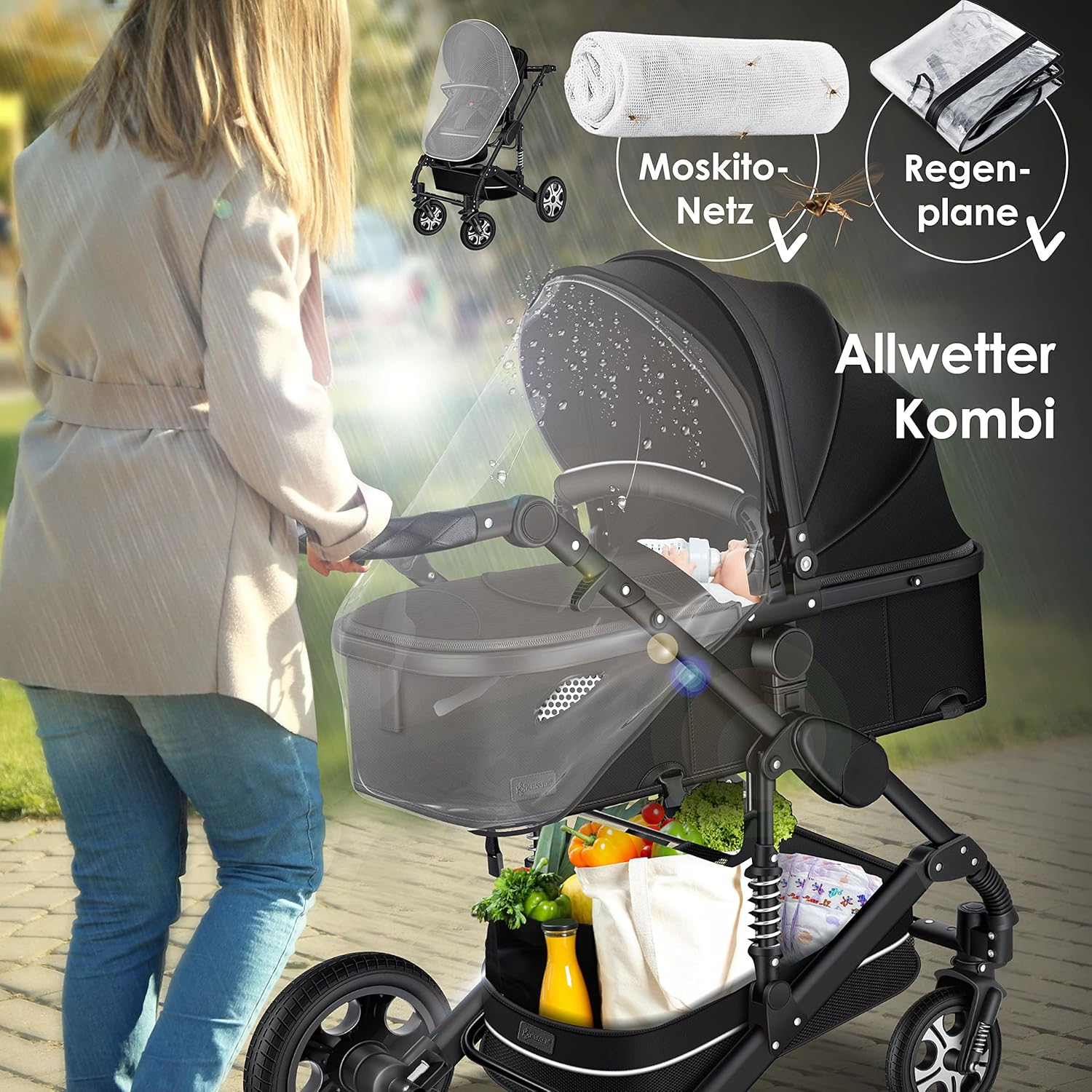 KESSER Loops 3 in 1 Kinderwagen Kombikinderwagen Komplett-Set inkl. Babywanne & Buggy Sportsitz & Auto-Babyschale Voll-Gummireifen Wickeltasche Regenschutz Kindertisch ECE R129, Schwarz/Champagne