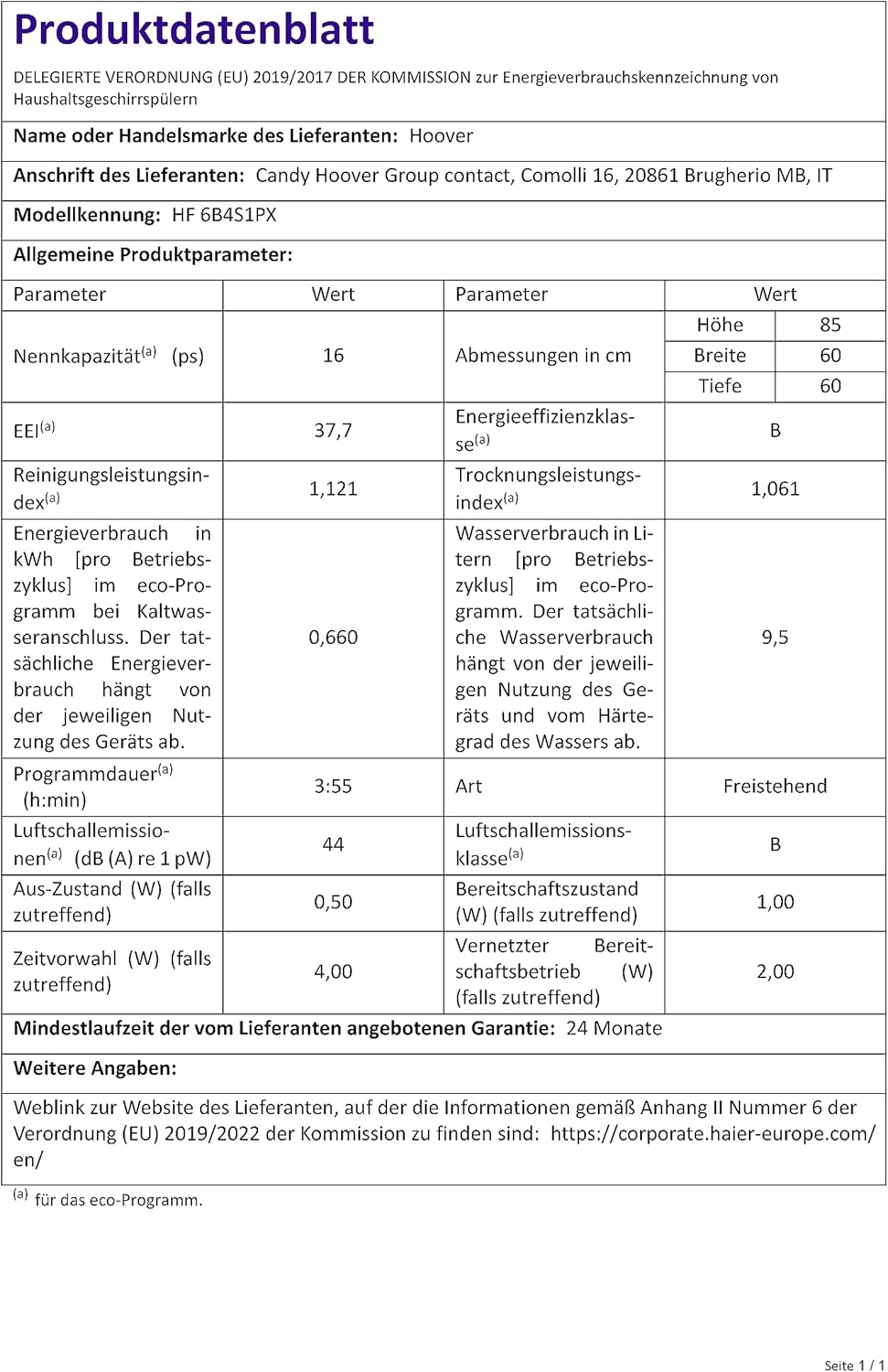 Hoover HF 4C6F0PW Geschirrspüler; 14 Maßgedecke; Freistehend, 60 cm breit; Energieeffizienzklasse C; Smarte Bedienung mit WiFi + Bluetooth-Technologie