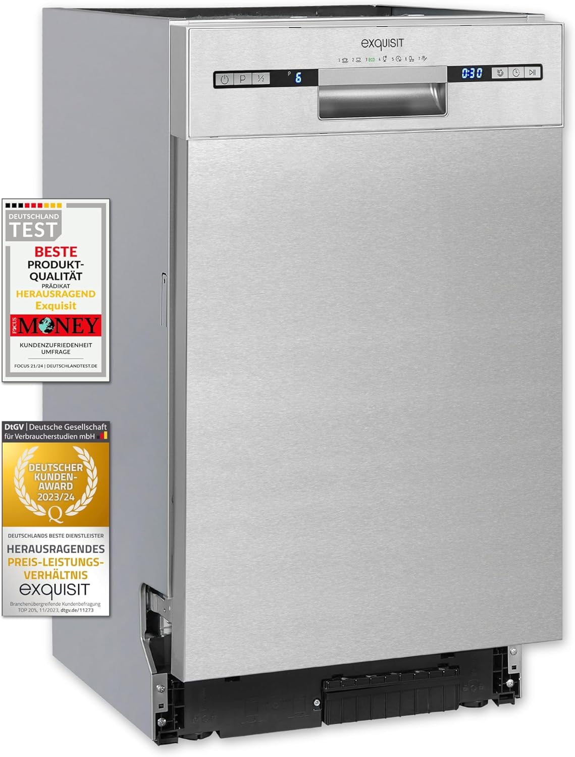 Exquisit Geschirrspüler, Spülmaschine, 45 cm Breite, Teilintegriert, 9 Maßgedecke, 9 Liter, Startzeitvorwahl, ECO-Modus, Geschirrspüler 45 cm, EGSP51009-EB-030E inox