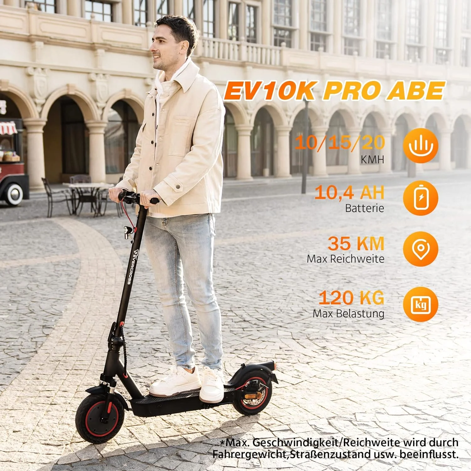 EVERCROSS EV10K Pro ABE E-Scooter mit 400W Motor, 35 km Reichweite, 10-Zoll-Honeycomb-Reifen und IP54 Schutz