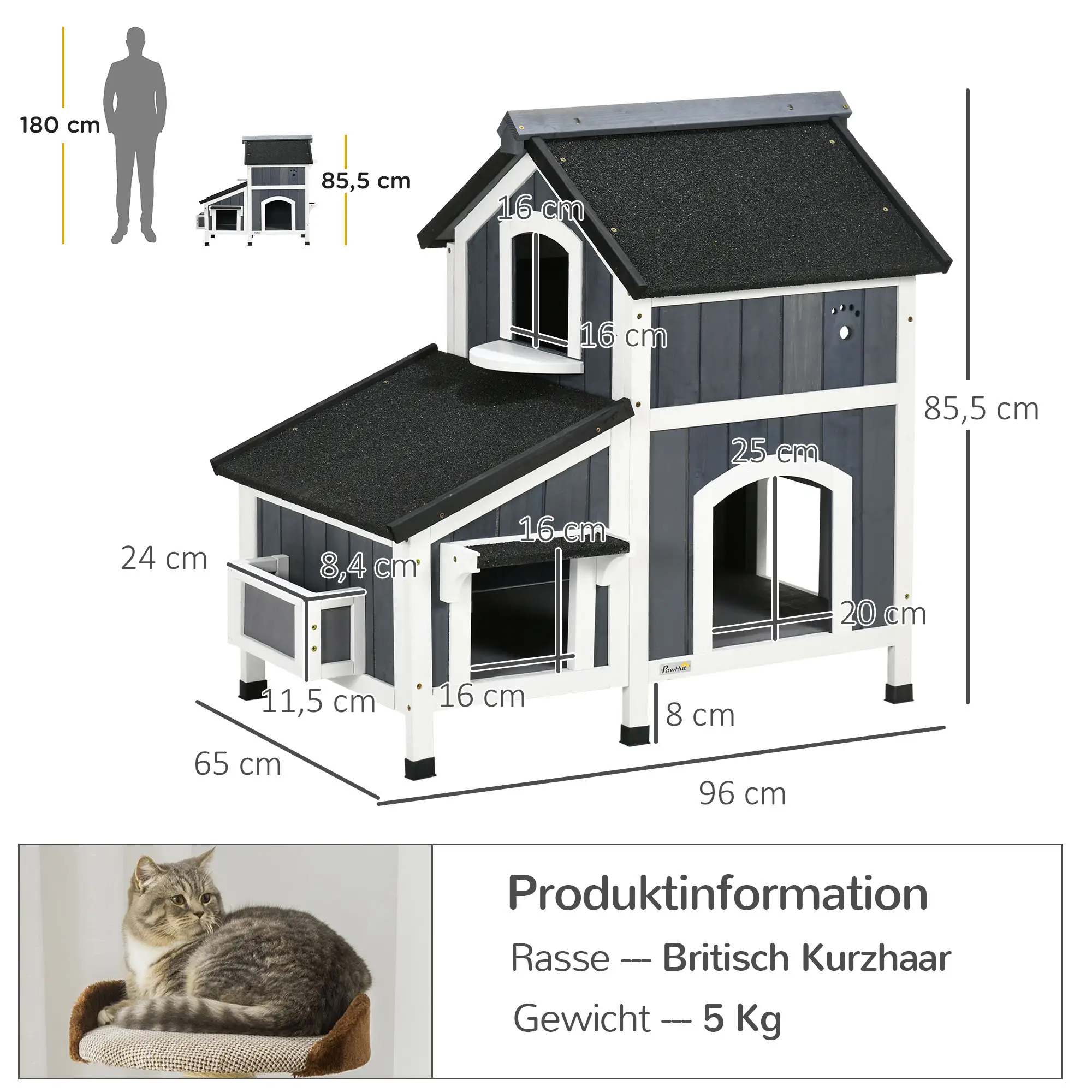 PawHut Outdoor Katzenhaus 2 Etagen mit Asphaltdach Blumenkasten