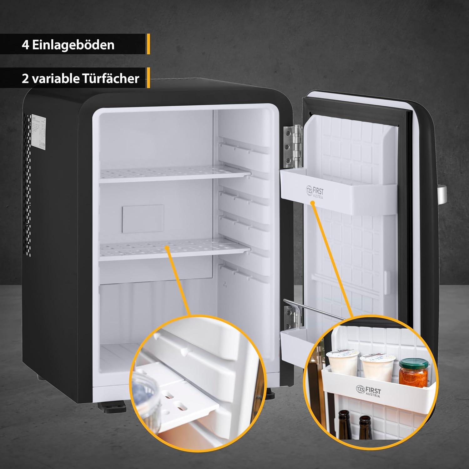 TZS First Austria lautloser Minikühlschrank | Retro Design | Einstellbare Kühlleistung | Türgriff |Thermoelektrisches Kühlsystem | 40L | creme