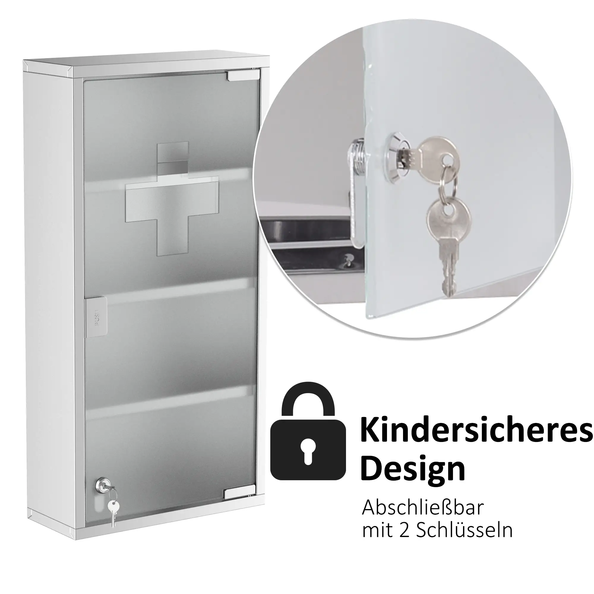 HOMCOM Medizinschrank abschließbar Tip-On Automatik Edelstahl
