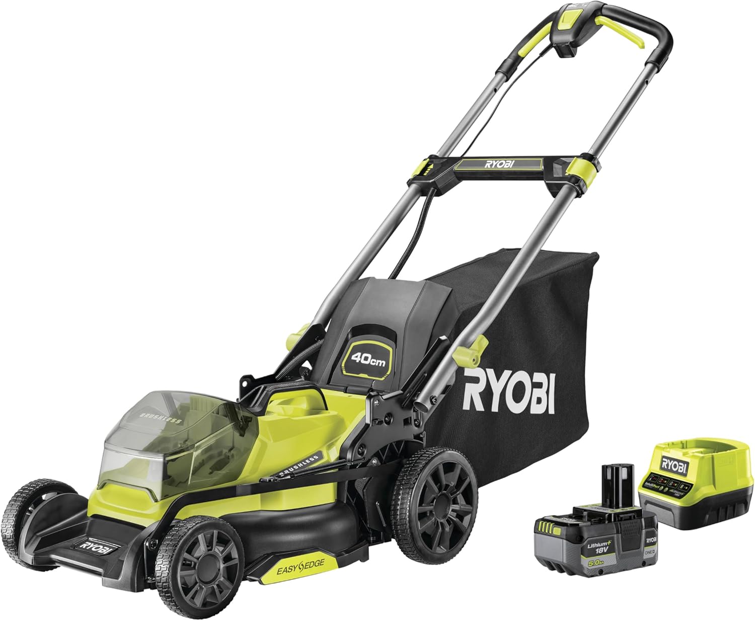 RYOBI 18 V ONE+ Akku-Rasenmäher RLM18X33B40 (Schnittbreite 33 cm, 5-fache Höhenverstellung 25-65 mm, zusammenklappbares Griffgestänge, inkl. Mulchkeil, 35l Grasfangsack, 4,0Ah Akku & Ladegerät)