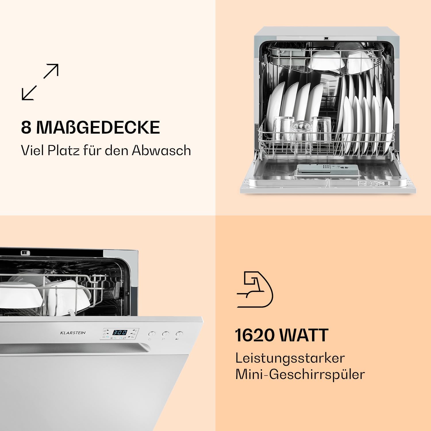 Klarstein ia 8 - Spülmaschine, Geschirrspüler, Freistehend, Teilintegriert, F, 55 cm breit, 8 Maßgedecke, 6 Programme, Aquastop, silber