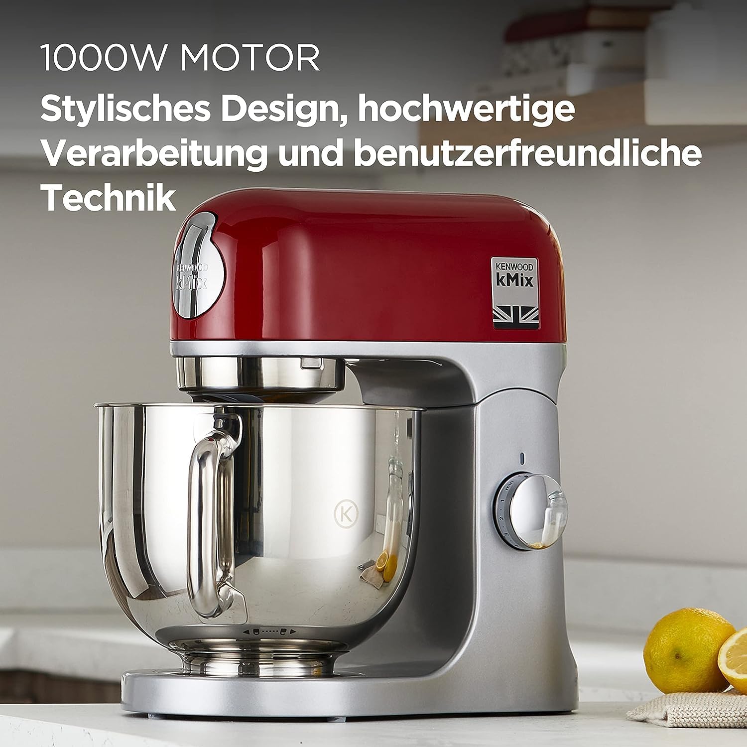 Kenwood kMix KMX750RD Küchenmaschine, 5 l Edelstahl Schüssel, Safe-Use-Sicherheitssystem, Metallgehuse, 1000 Watt, inkl. 3-Teiligem Patisserie-Set und Spritzschutz, Rot
