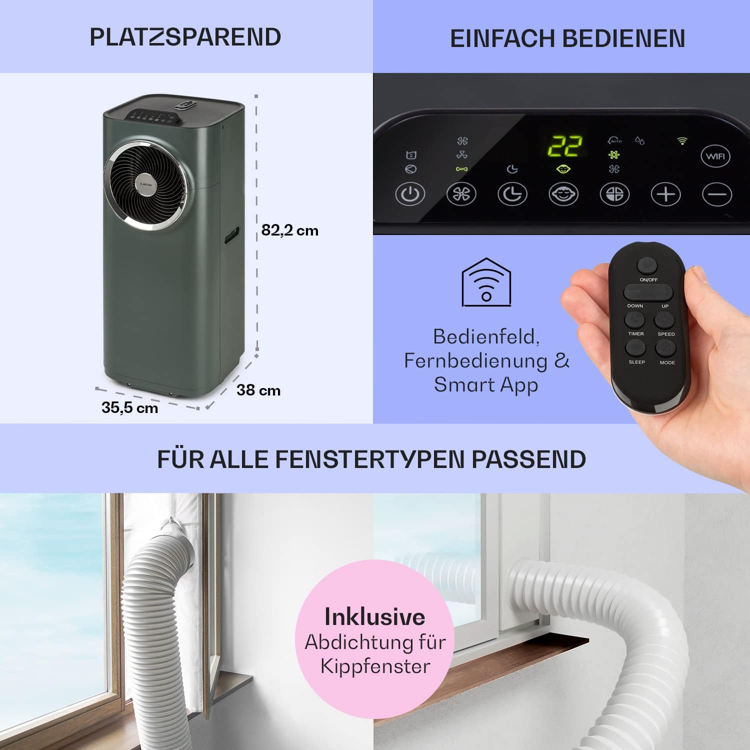 Klarstein Mobile Klimaanlage mit Abluftschlauch, 5-in-1 Klimagerät, Ventilator, Luftentfeuchter, Luftreiniger & Nachtmodus, App-Steuerung, Kleine & Portable, für Wohnung & Büro, 12000 BTU