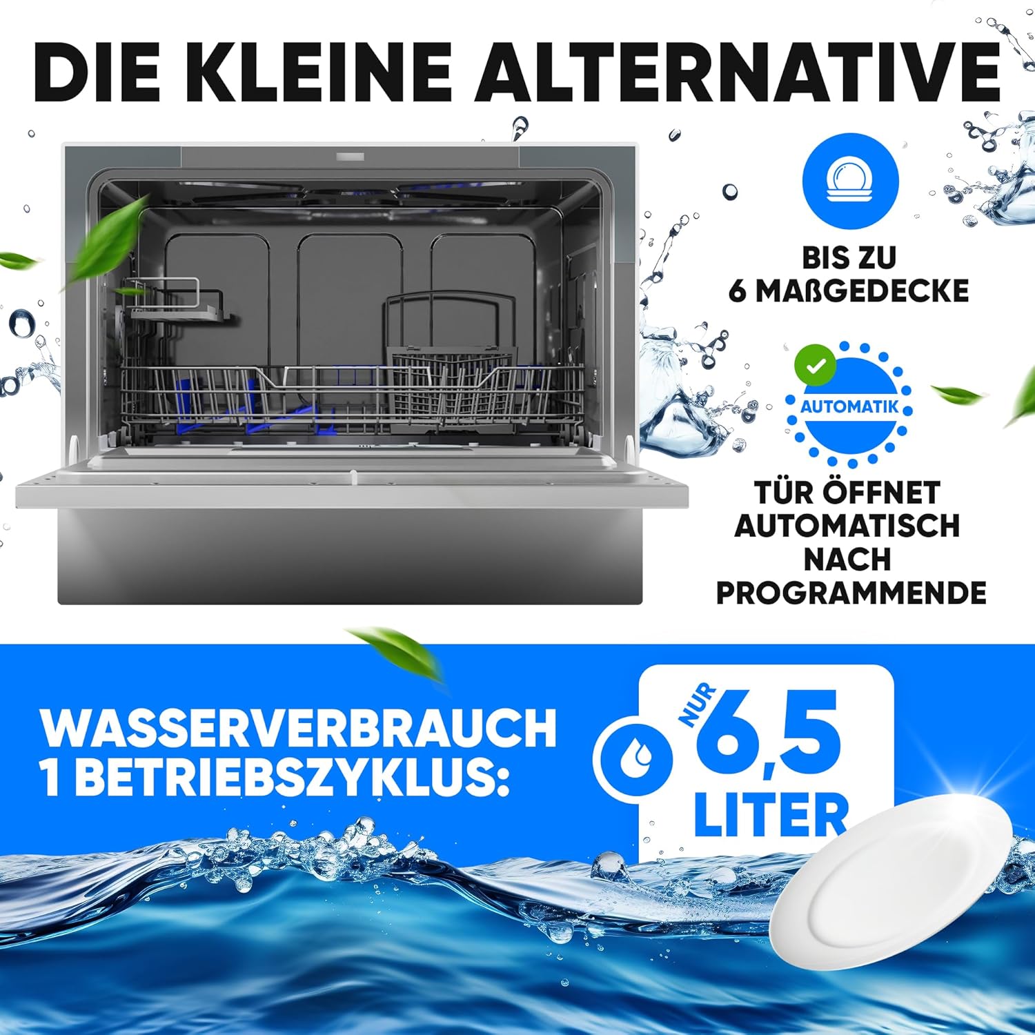 Bomann Mini Geschirrspüler mit Wasseranschluss | inkl. Schlauch | Tisch Geschirrspüler leise | Mini Spülmaschine für kleine Küchen/Camping | Spülmaschine klein m. Überlaufsicherung | TSG 7405 weiß