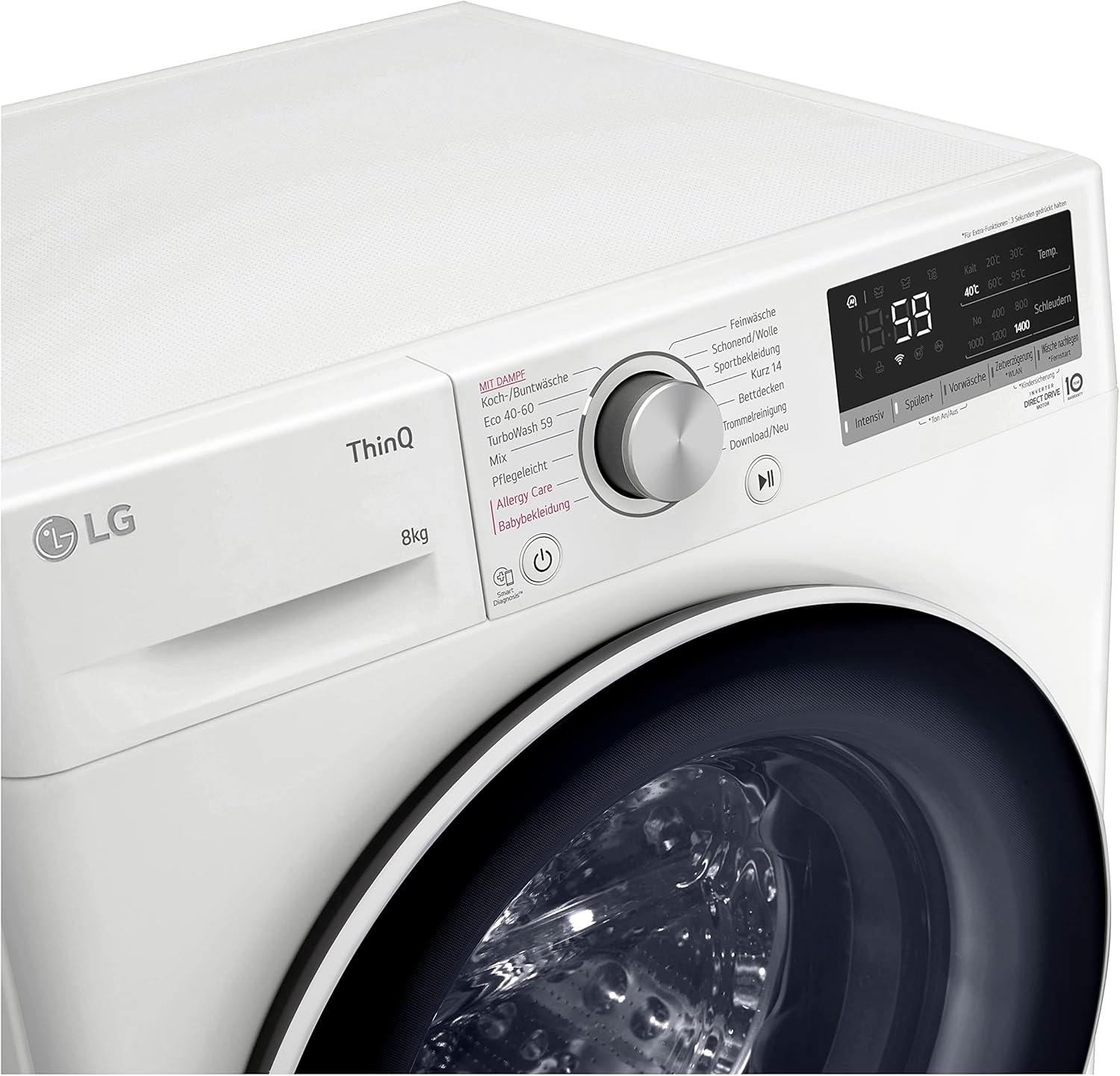 LG F4WV7080, Klasse A, Frontlader-Waschmaschine 8 kg, 1400 U/Min, AI Direct Drive, Wi-Fi, Tiefenreinigung mit Dampf, Große Kapazität, TRIPLE A, Außentür aus Sicherheitsglas, 62 x 60 x 85 cm ꟷ Weiß