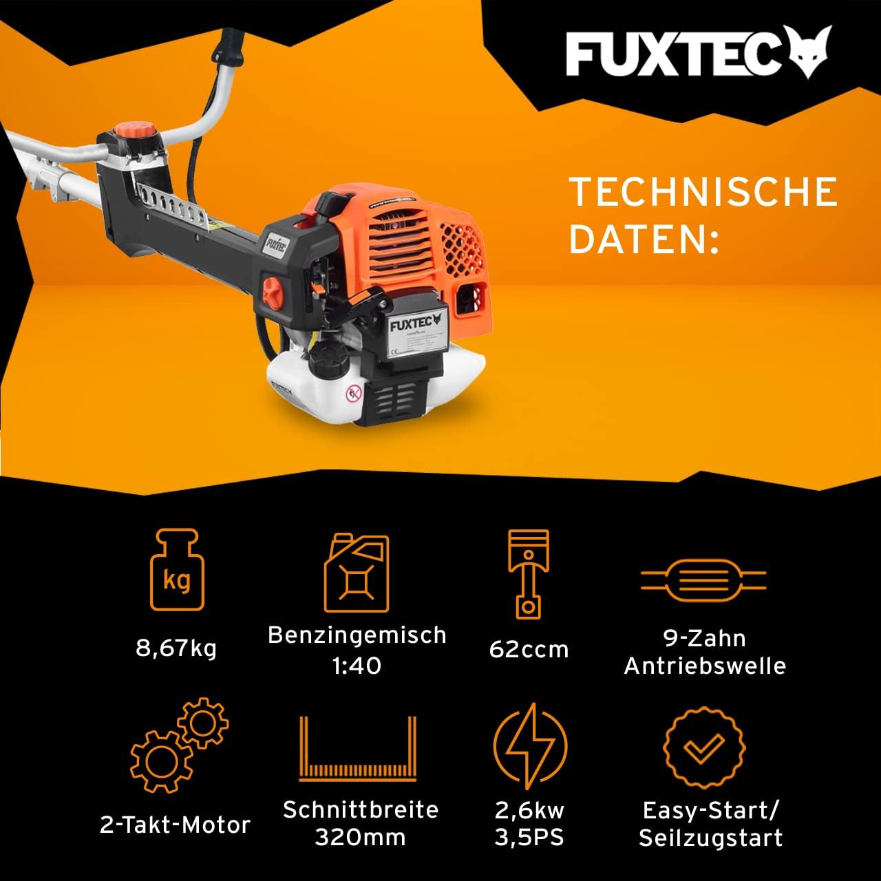 FUXTEC Profi Benzin Motorsense FX-PS162 – Profisense mit 62ccm, Faden und Komfort-Tragegurt – Rasentrimmer mit Antivibrationssystem – 2-Takt Freischneider Fadenspule