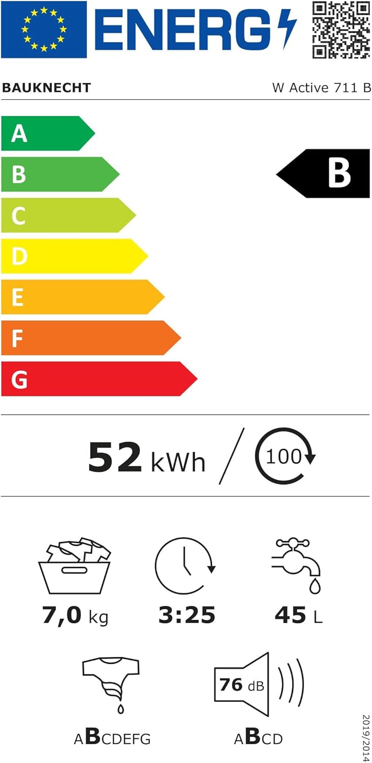 Bauknecht W Active 711 B Waschmaschine-Frontlader/ 7kg/ 1400 U/min/Kraftvolle Fleckentfernung/Dampf Programme/Steam Hygiene mit Antivirus/Steam Refresh/Stopp&Add Funktion/Dynamic Inverter-Motor