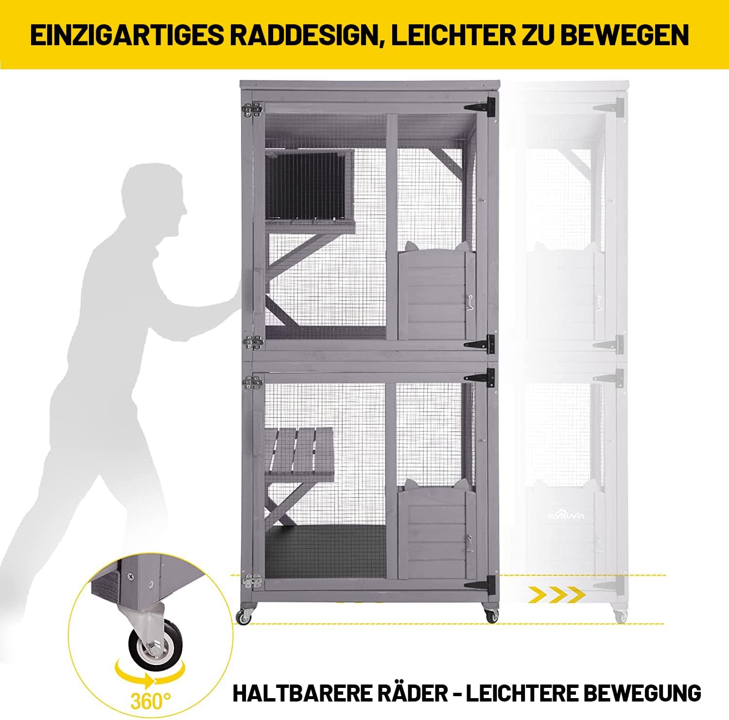 Katzenhaus Outdoor Catio Kitty Gehege mit super großer Eingangstür, Holz-Katzenkäfig Condo Indoor-Laufstall mit Plattformen und kleinem Haus