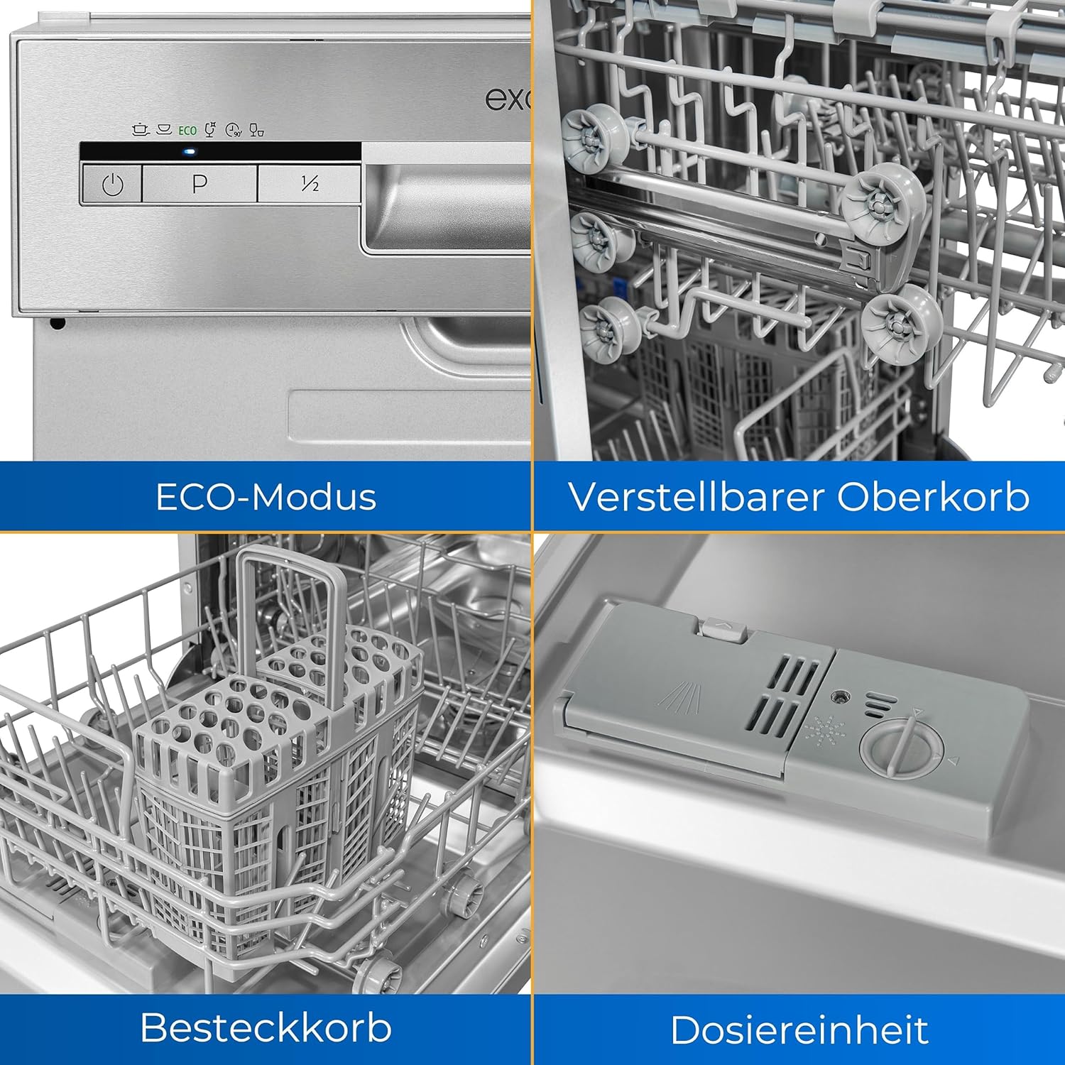 Exquisit Geschirrspüler, Spülmaschine, 45 cm Breite, Teilintegriert, 9 Maßgedecke, 9 Liter, Startzeitvorwahl, ECO-Modus, Geschirrspüler 45 cm, EGSP51009-EB-030E inox