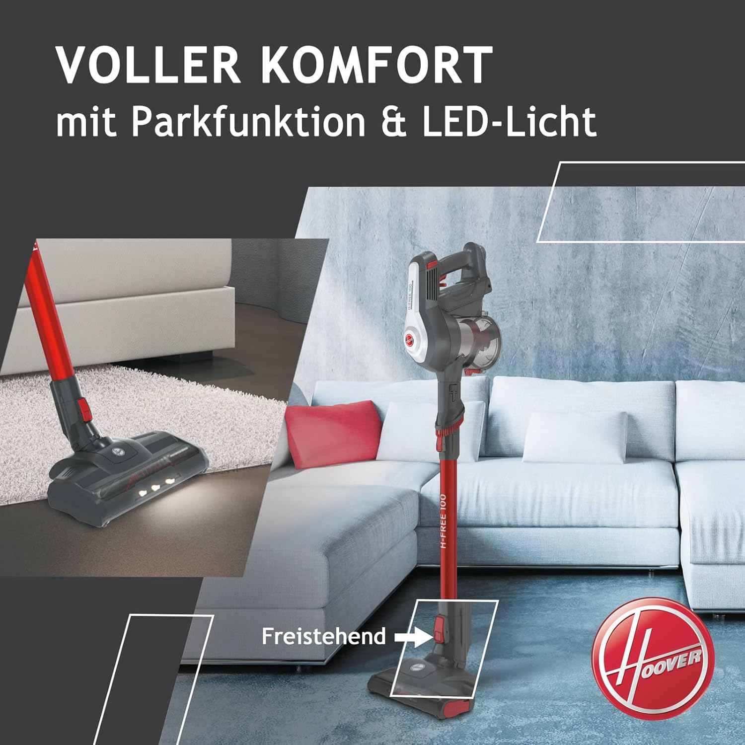 Hoover Akku-Staubsauger Tierhaare H-FREE 100 PETS ohne Beutel + Tierdüse I bis 40 Min. Laufzeit I Staubsauger kabellos mit LED, XL Staubbehlter & Parkfunktion I Akkusauger mit Fugendüse & Staubbürste