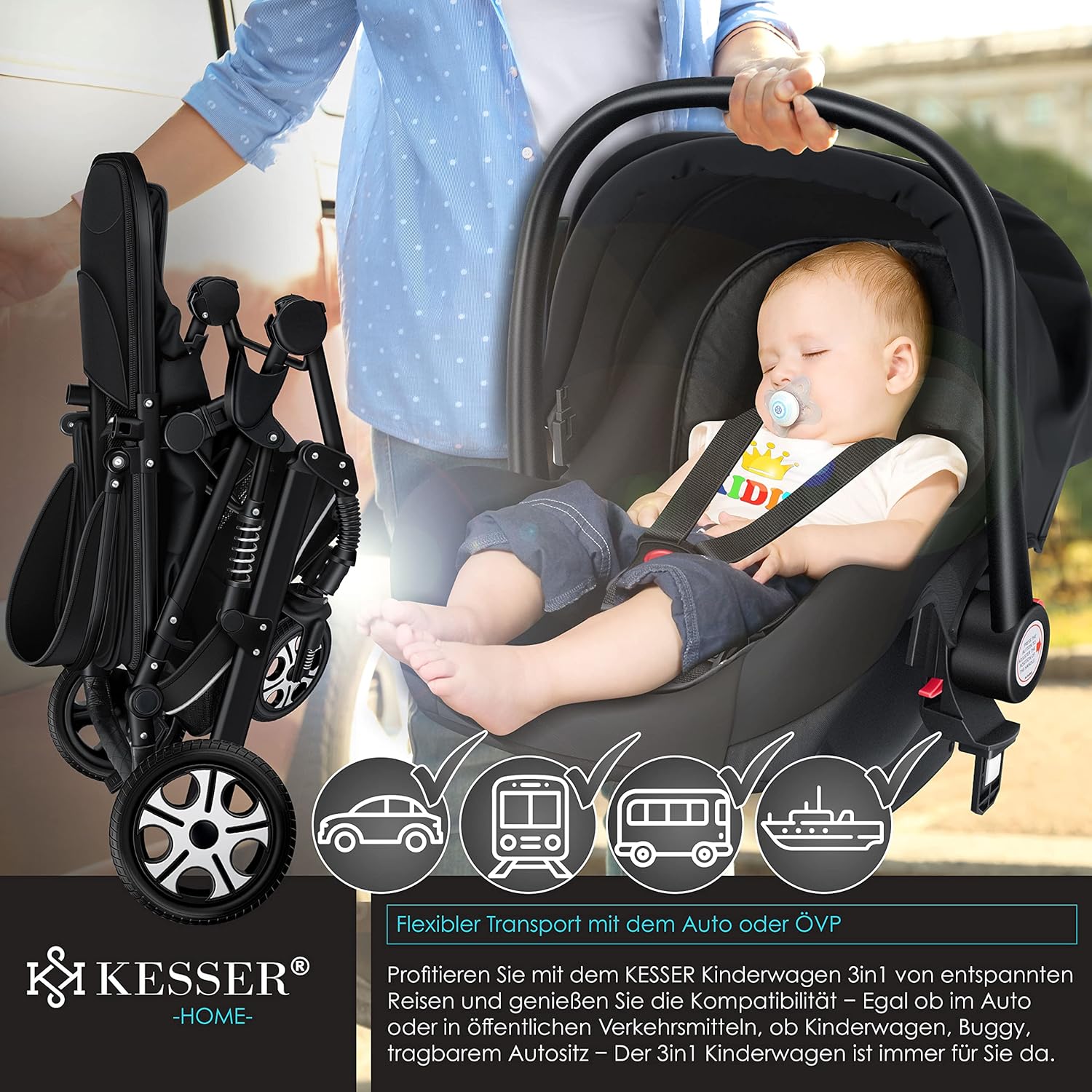 KESSER Loops 3 in 1 Kinderwagen Kombikinderwagen Komplett-Set inkl. Babywanne & Buggy Sportsitz & Auto-Babyschale Voll-Gummireifen Wickeltasche Regenschutz Kindertisch ECE R129, Schwarz/Champagne