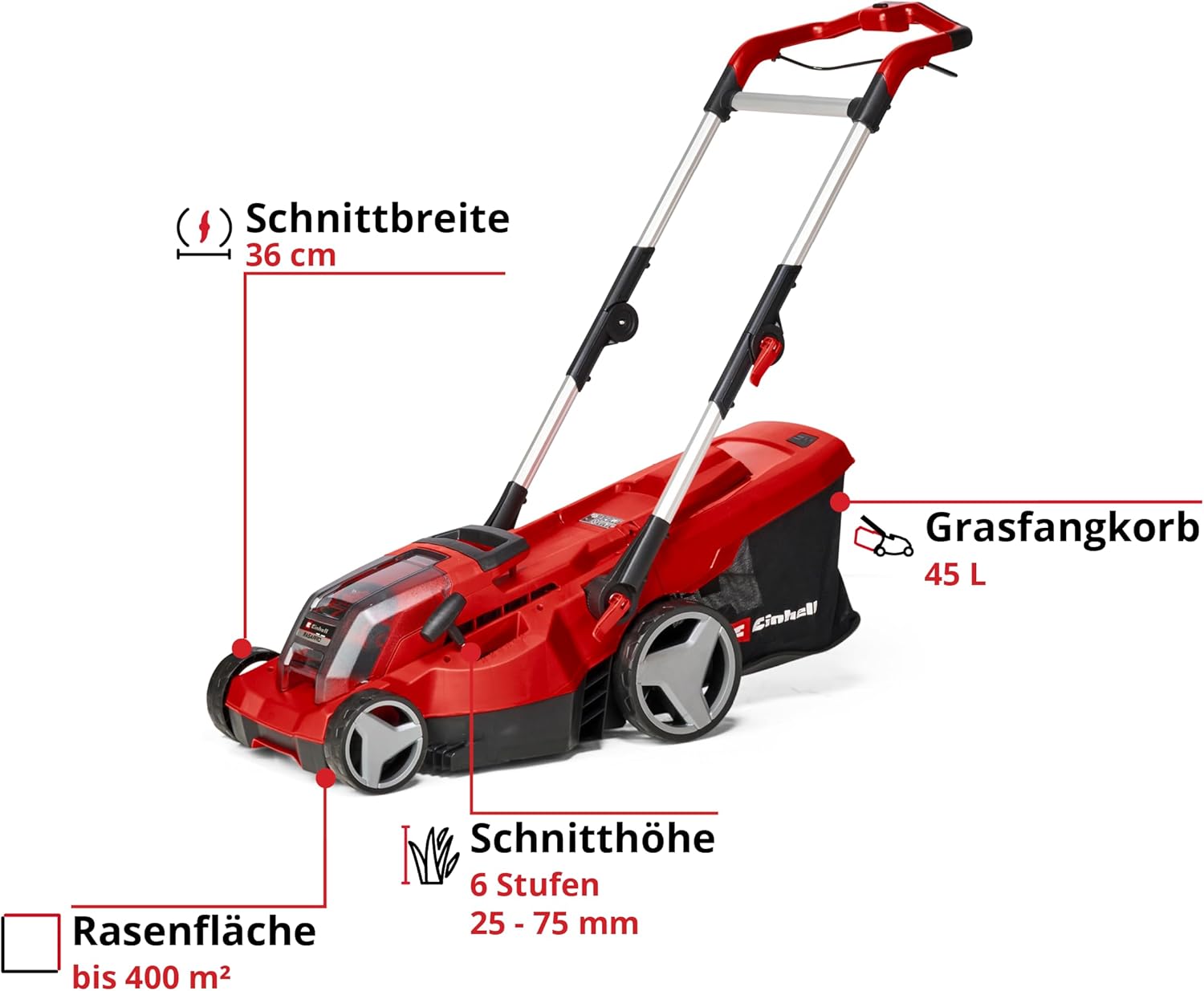 Einhell Akku-Rasenmäher RASARRO 36/42 Kit Power X-Change (36V, 42 cm Schnittbreite, bis 725 m², Brushless, 50L Fangkorb, Mulchfunktion, inkl. 2x 5,2Ah + 1x Twincharger)