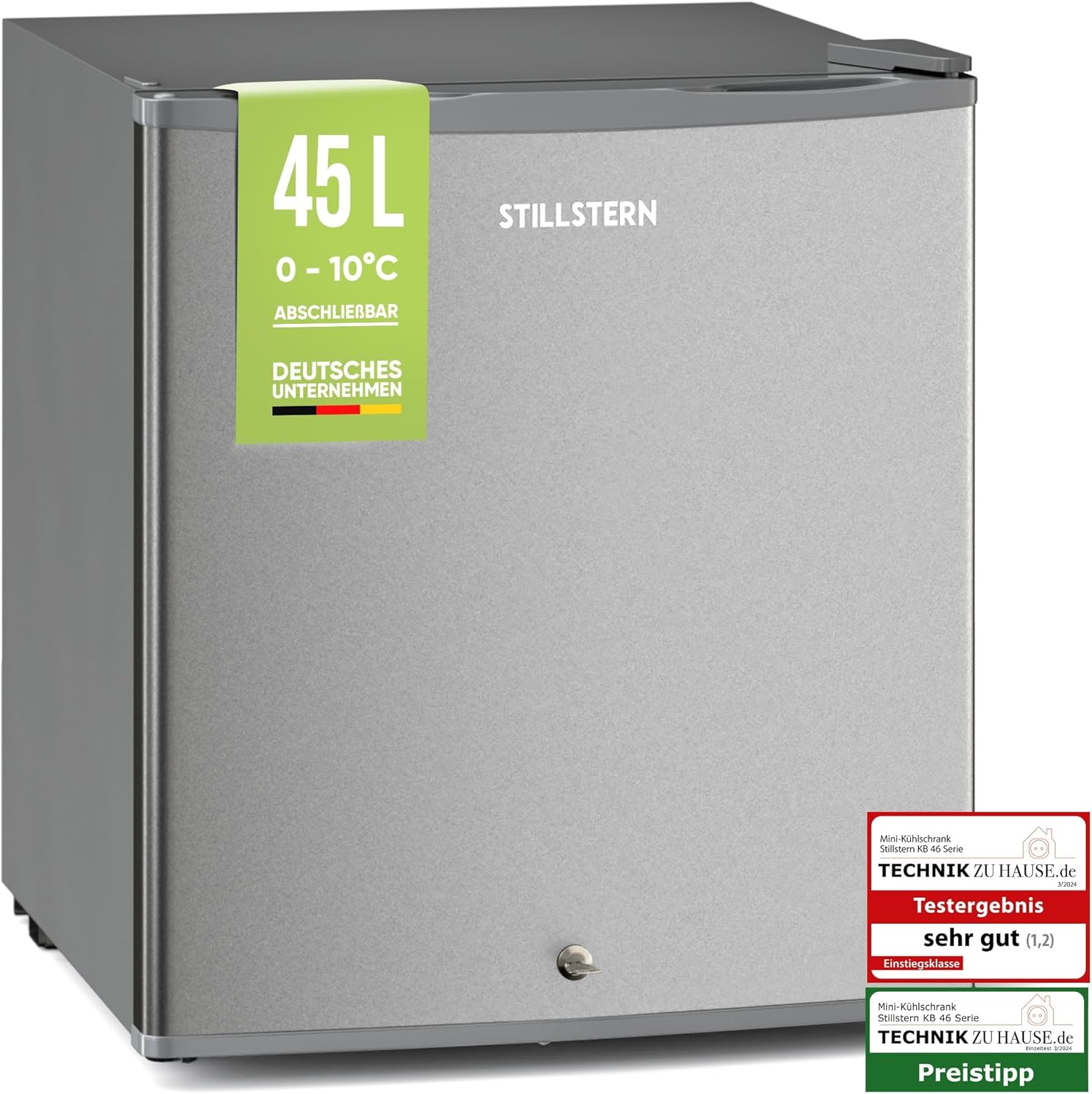 Stillstern Mini Kühlschrank E 45L mit Abtauautomatik, Schloss, Frostfach, Leise, Ideal für Küche, Büro, Schlafzimmer, Hotels und kleine Wohnungen Kühlschrank klein Minibar Getränkekühlschrank