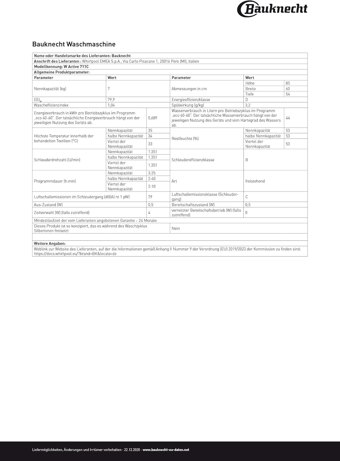 Bauknecht W Active 711 B Waschmaschine-Frontlader/ 7kg/ 1400 U/min/Kraftvolle Fleckentfernung/Dampf Programme/Steam Hygiene mit Antivirus/Steam Refresh/Stopp&Add Funktion/Dynamic Inverter-Motor