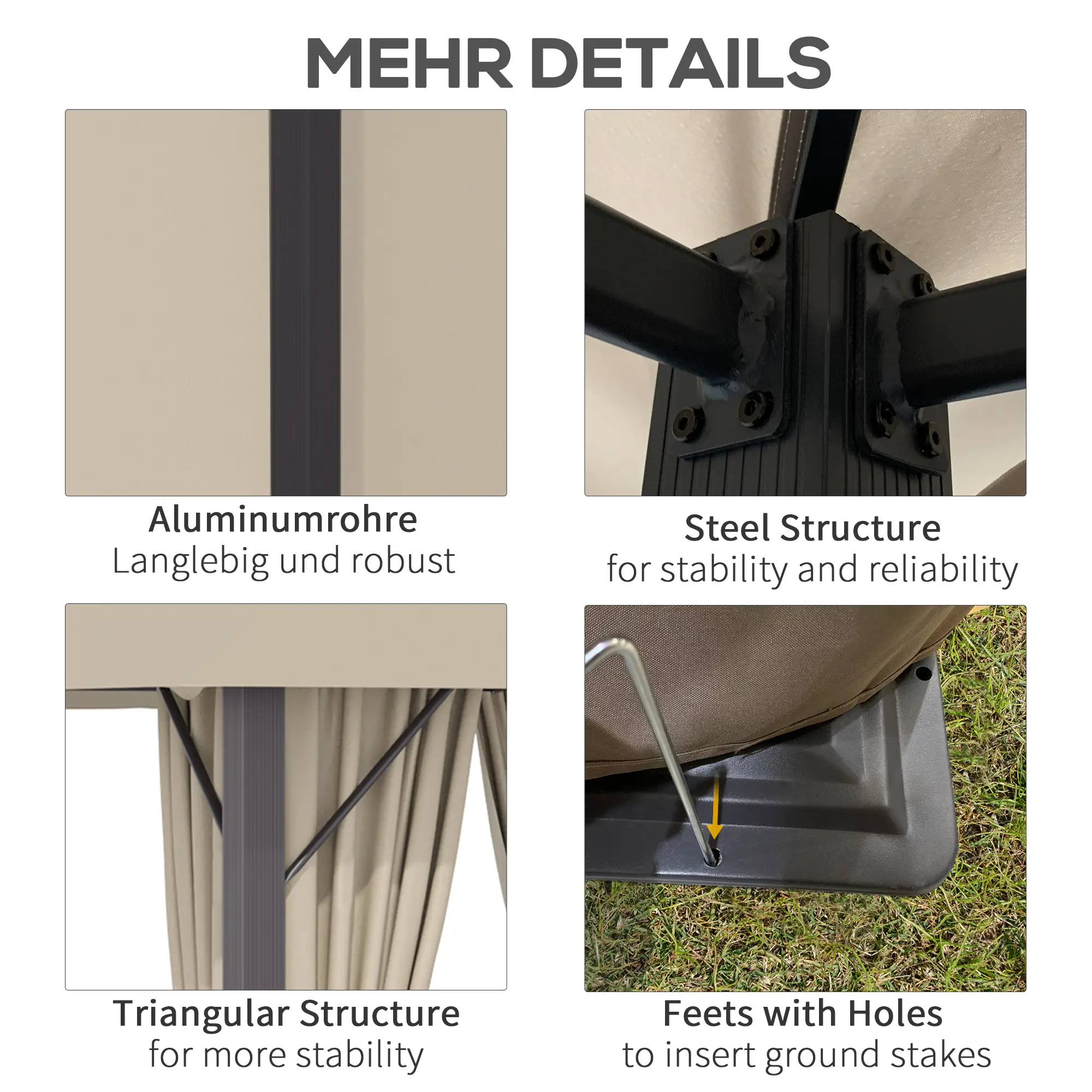 Outsunny Pavillon 3x3 m mit Seitenteilen & Belüftung Khaki