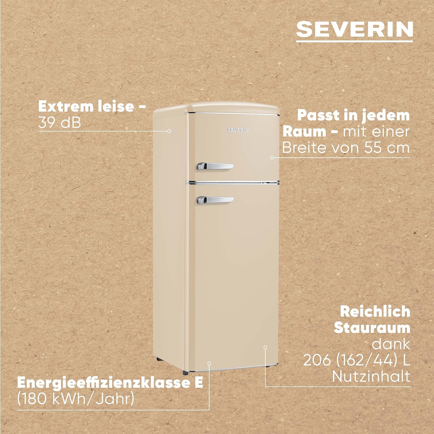 SEVERIN Retro - Kühl-/ Gefrierkombination, platzsparendes Raumwunder, 4 x höhenverstellbare Abstellflächen und eine große Veggiebox, 206 L Nutzinhalt, creme, RKG 8933