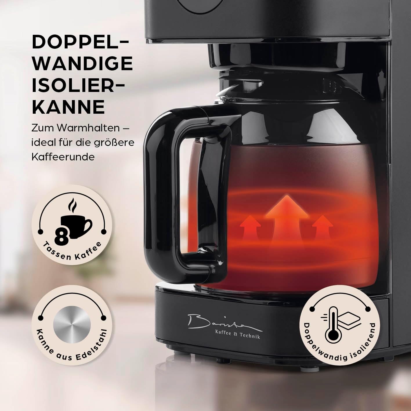 Barista Filterkaffeemaschine mit verstellbarem Mahlwerk & Thermokanne | Warmhaltefunktion, 24h Timer & Permanentfilter | Für 10 Tassen Kaffee | Kaffeemaschine für Bohnen & Pulver [Edelstahl]