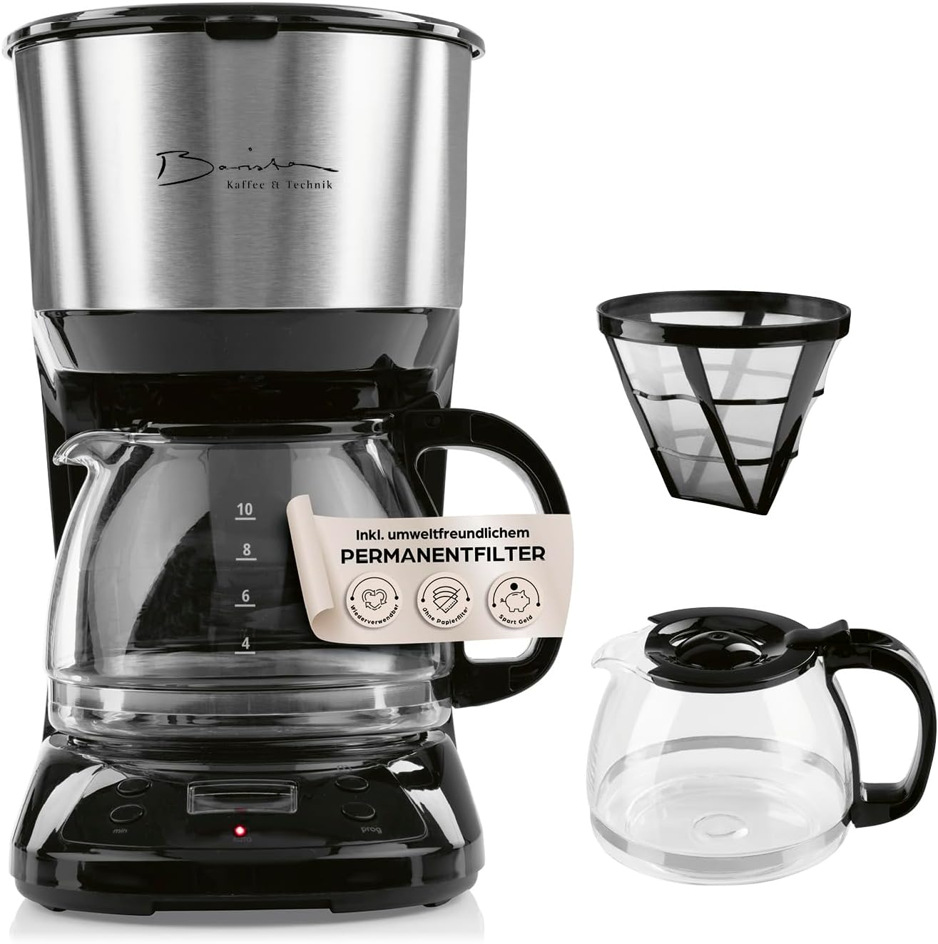 Barista Filterkaffeemaschine mit verstellbarem Mahlwerk & Thermokanne | Warmhaltefunktion, 24h Timer & Permanentfilter | Für 10 Tassen Kaffee | Kaffeemaschine für Bohnen & Pulver [Edelstahl]