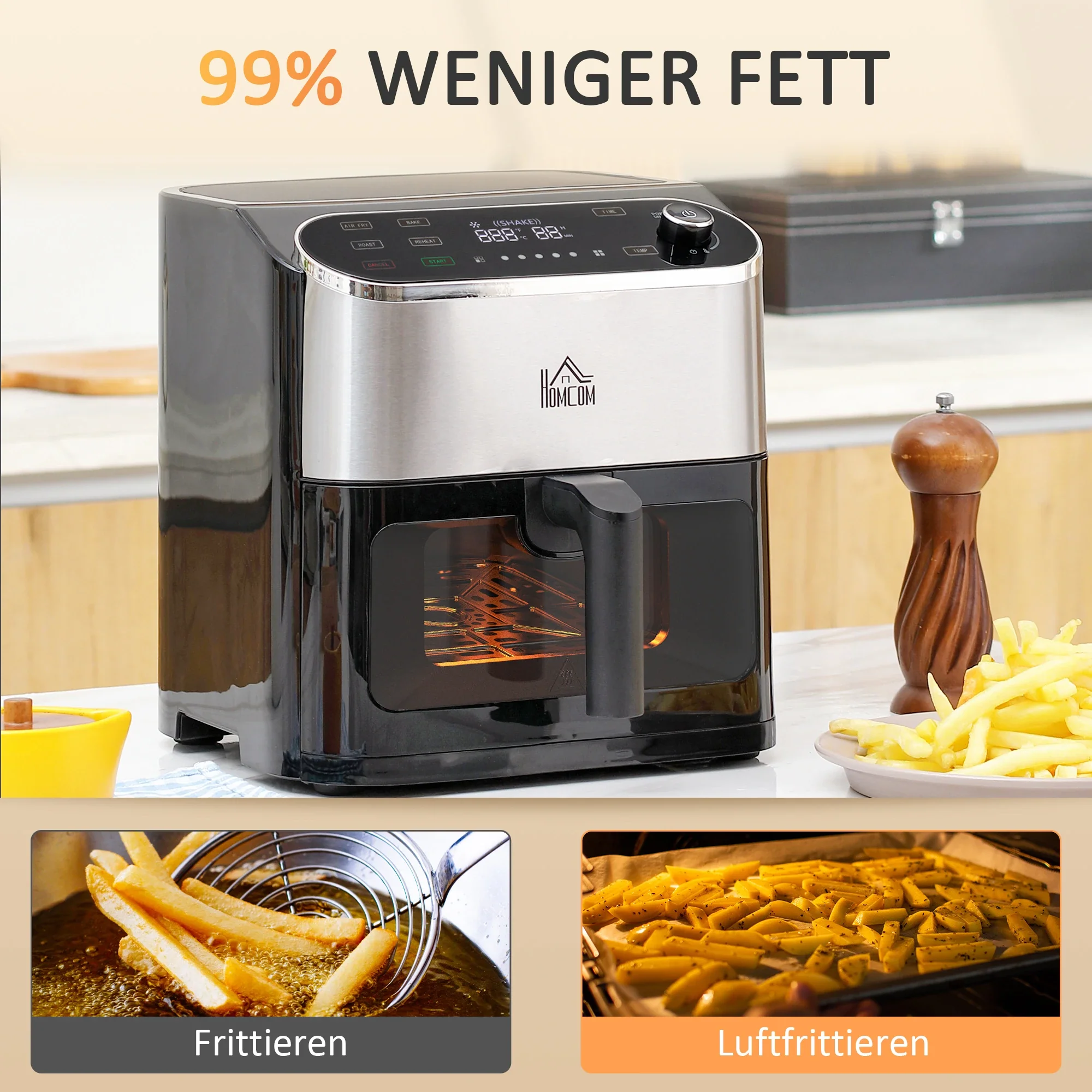 HOMCOM Heißluftfritteuse Airfryer fettarm schnelles Garen
