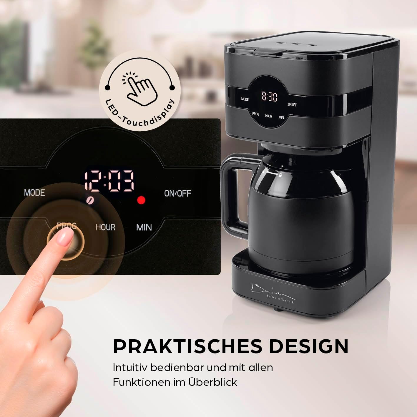 Barista Filterkaffeemaschine mit verstellbarem Mahlwerk & Thermokanne | Warmhaltefunktion, 24h Timer & Permanentfilter | Für 10 Tassen Kaffee | Kaffeemaschine für Bohnen & Pulver [Edelstahl]