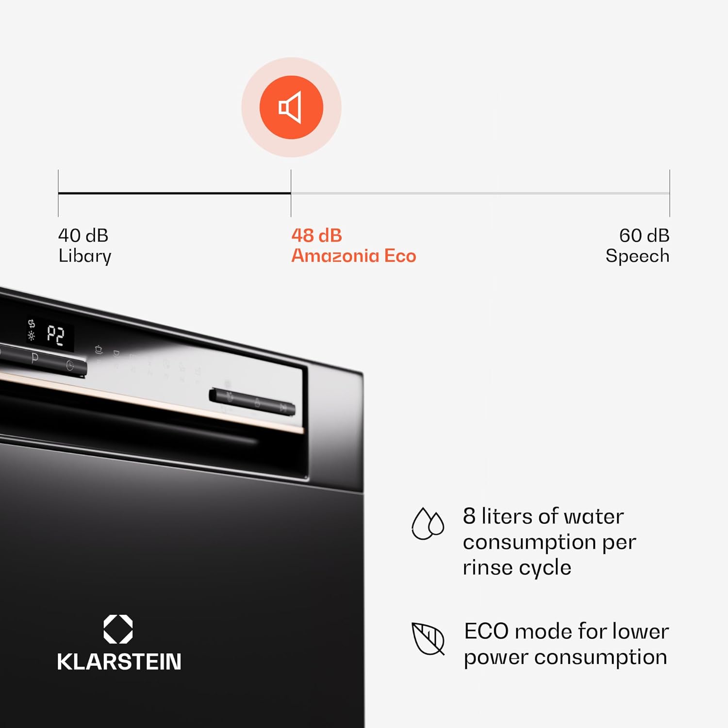 Klarstein ia 8 - Spülmaschine, Geschirrspüler, Freistehend, Teilintegriert, F, 55 cm breit, 8 Maßgedecke, 6 Programme, Aquastop, silber