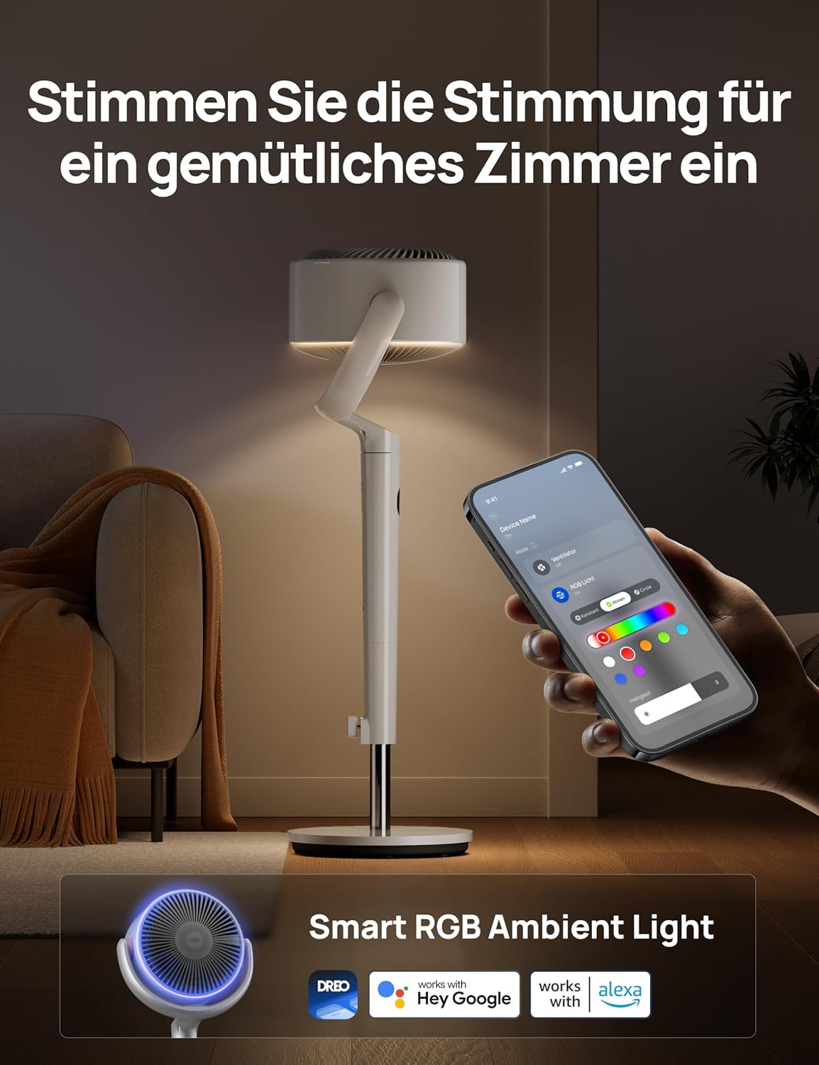 Dreo Smart Standventilator mit RGB Light, 120° +120° Oszillierender Ventilator mit Fernbedienung, 20dB Leiser Bodenventilator für Schlafzimmer, 8H Timer, Silber
