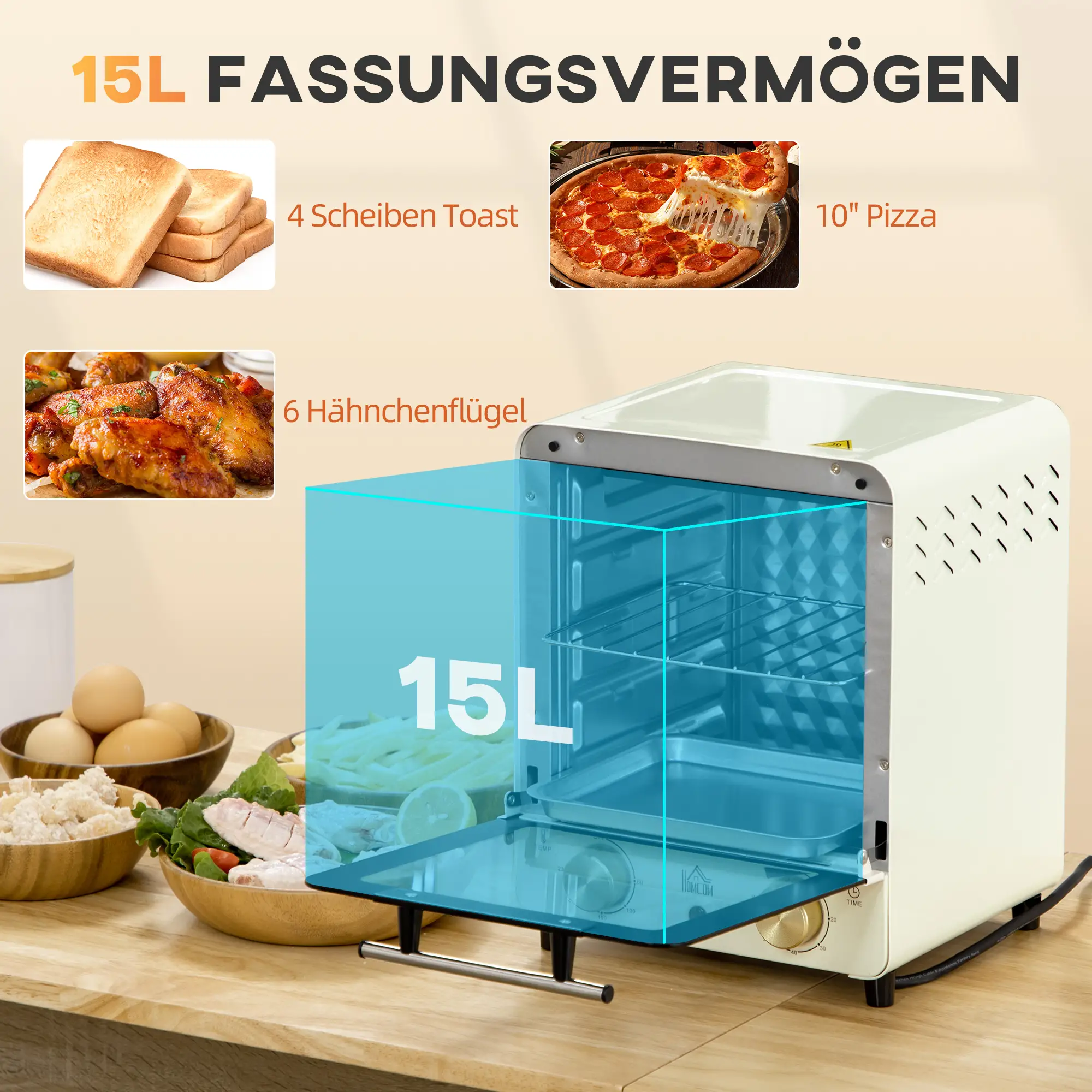 HOMCOM Minibackofen einstellbare Temperatur Timer Sichtfenster Cremeweiß