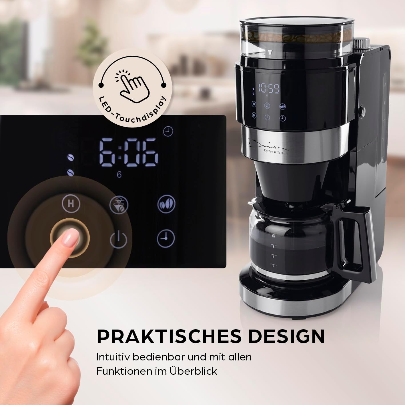 Barista Filterkaffeemaschine mit verstellbarem Mahlwerk & Thermokanne | Warmhaltefunktion, 24h Timer & Permanentfilter | Für 10 Tassen Kaffee | Kaffeemaschine für Bohnen & Pulver [Edelstahl]