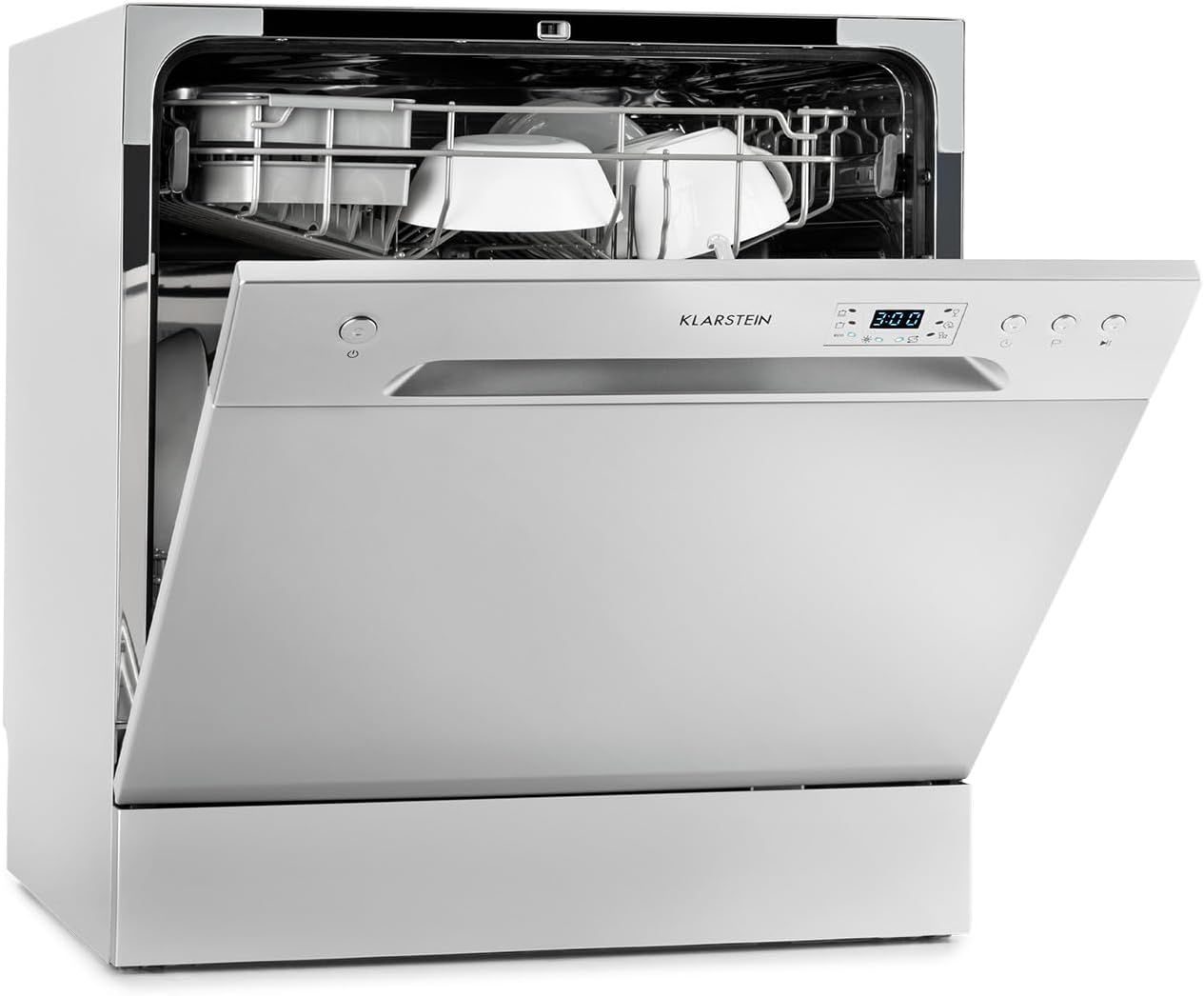 Klarstein ia 8 - Spülmaschine, Geschirrspüler, Freistehend, Teilintegriert, F, 55 cm breit, 8 Maßgedecke, 6 Programme, Aquastop, silber