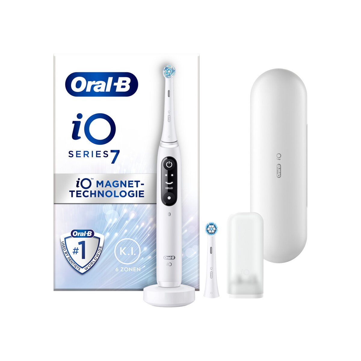 Oral-B iO 7 Elektrische Zahnbürste mit 2 Aufsteckbürsten (Weiß) - B-Ware neuwertig