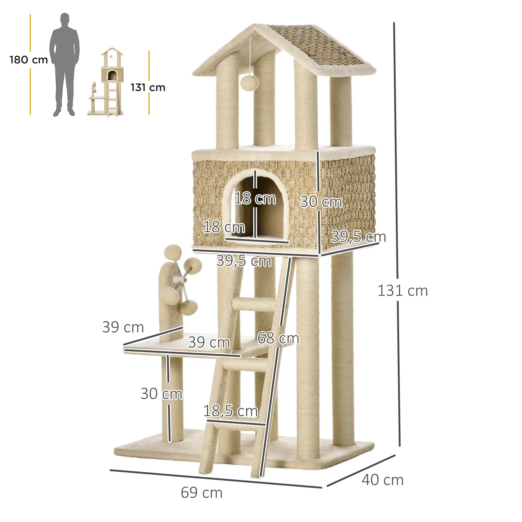 PawHut Kratzbaum Katzenhöhle 2in1 mit Sisal-Kratzstämmen