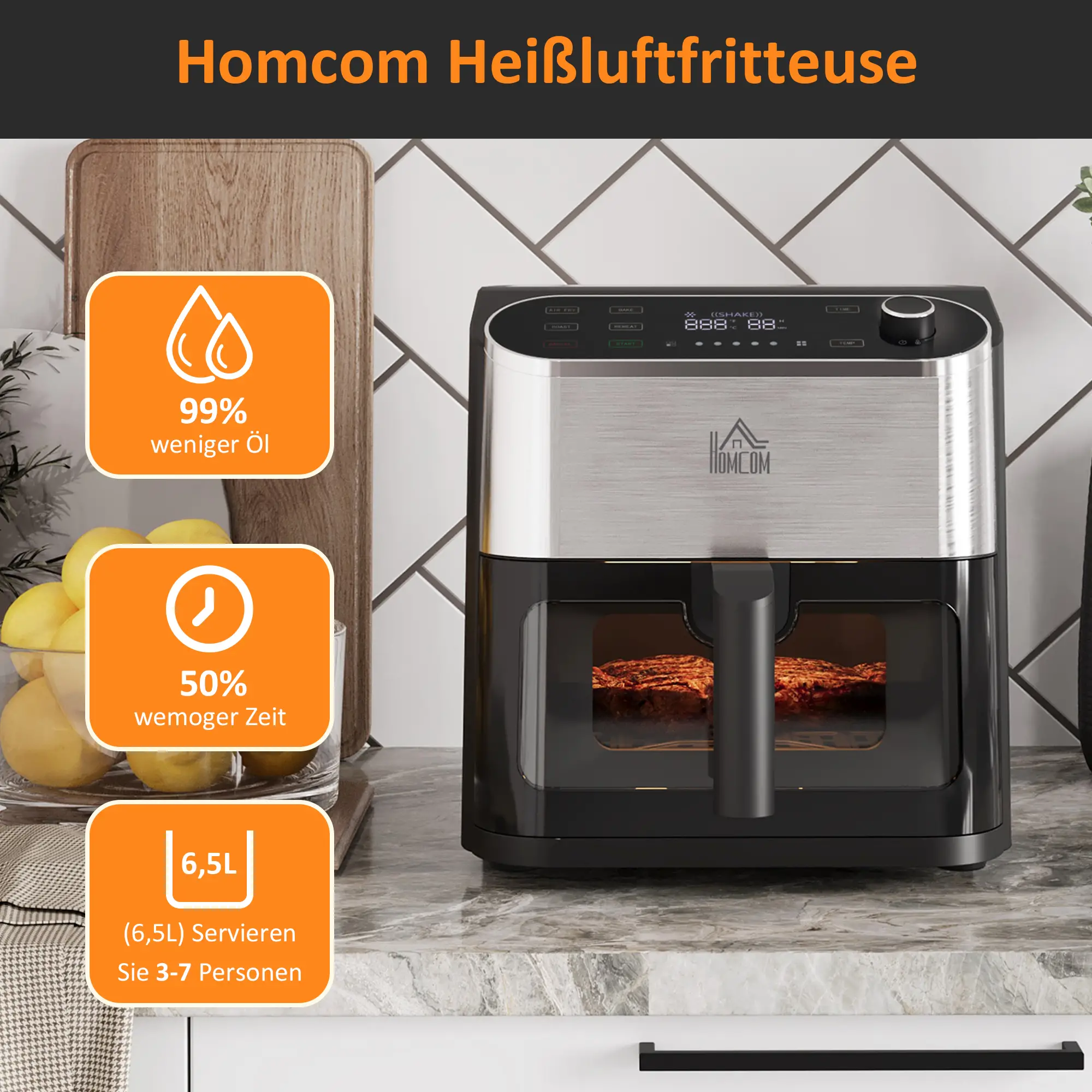 HOMCOM Heißluftfritteuse Airfryer fettarm schnelles Garen