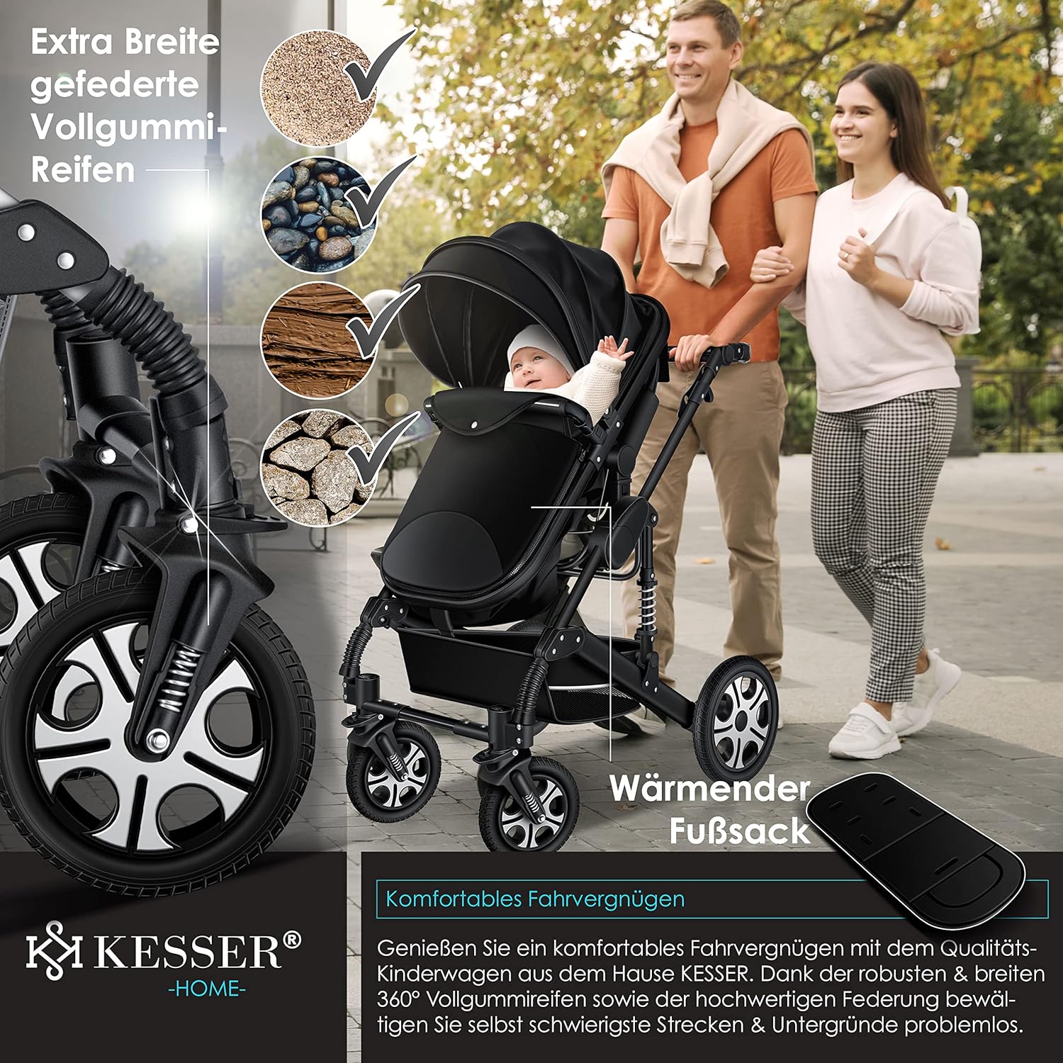 KESSER Loops 3 in 1 Kinderwagen Kombikinderwagen Komplett-Set inkl. Babywanne & Buggy Sportsitz & Auto-Babyschale Voll-Gummireifen Wickeltasche Regenschutz Kindertisch ECE R129, Schwarz/Champagne