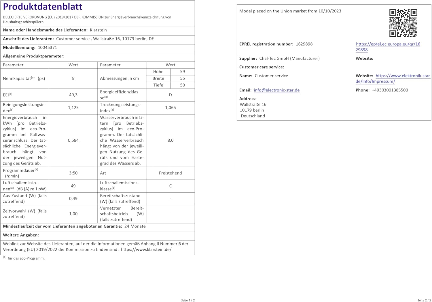 Klarstein ia 8 - Spülmaschine, Geschirrspüler, Freistehend, Teilintegriert, F, 55 cm breit, 8 Maßgedecke, 6 Programme, Aquastop, silber