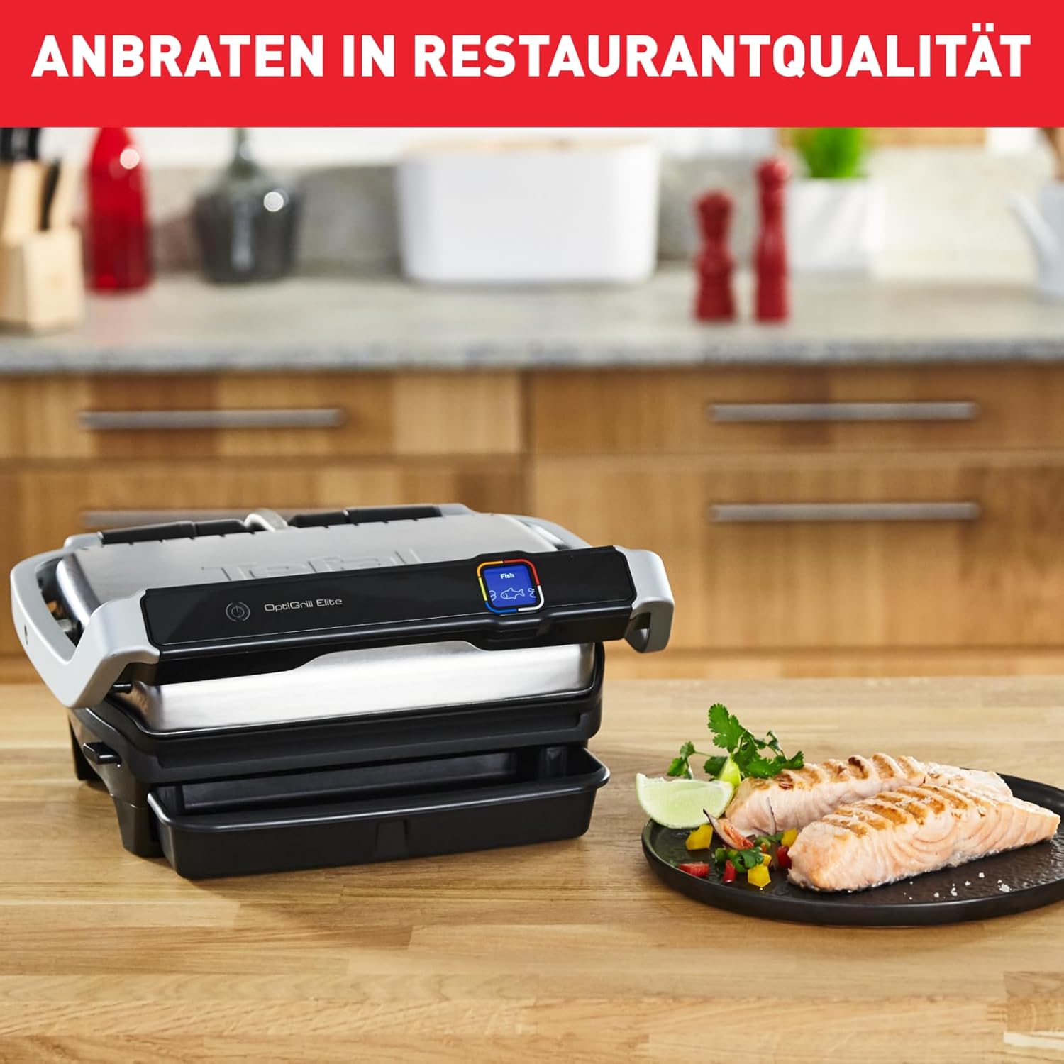 Tefal OptiGrill Elite Kontaktgrill, 12 Programme, Digitales Display mit Garstufenanzeige, Abnehmbare Platten, Elektrogrill, Edelstahl, GC750D16