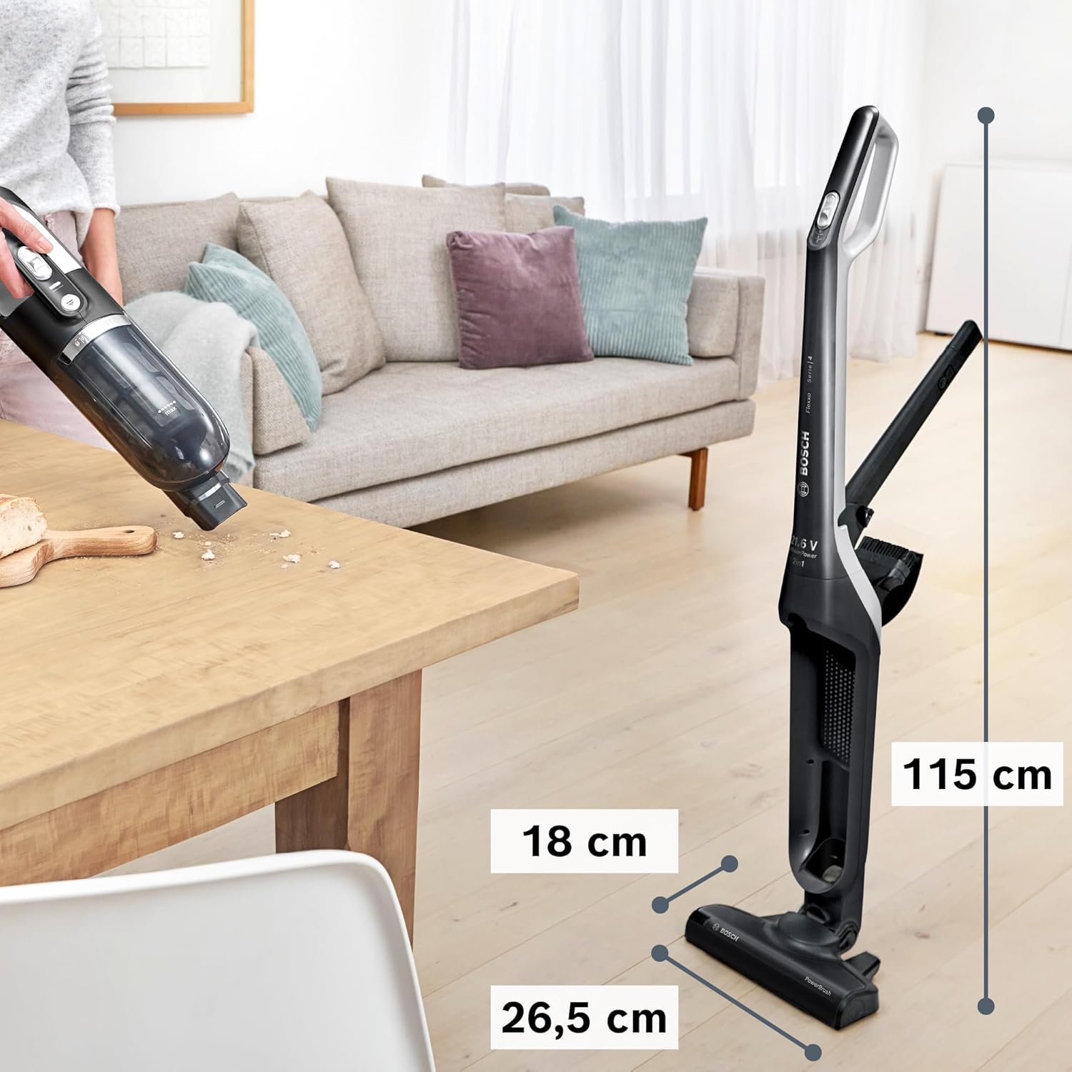 Bosch Akku-Staubsauger Flexxo 2in1 Serie 4 BBH32101, kabelloser Handstaubsauger, beutellos, hohe Saugleistung, Lange Laufzeit, Kurze Ladezeit, Fugendüse, alle Bodenarten, schwarz