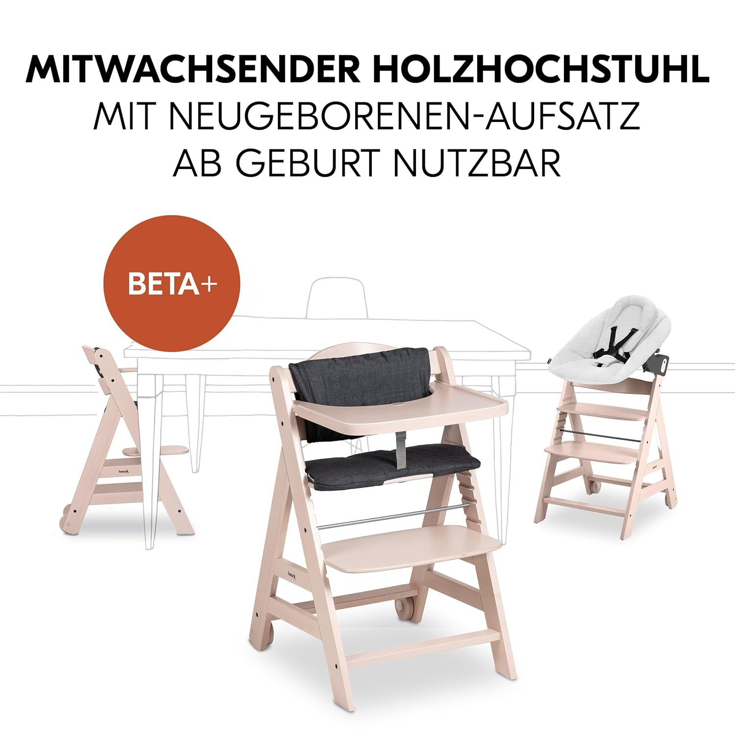 hauck Hochstuhl Beta+ Newborn Set Premium Dark Grey - Babyhochstuhl Set ab Geburt mit Neugeborenen Aufsatz Bouncer, Sitzpolster und Essbrett - Dark Grey